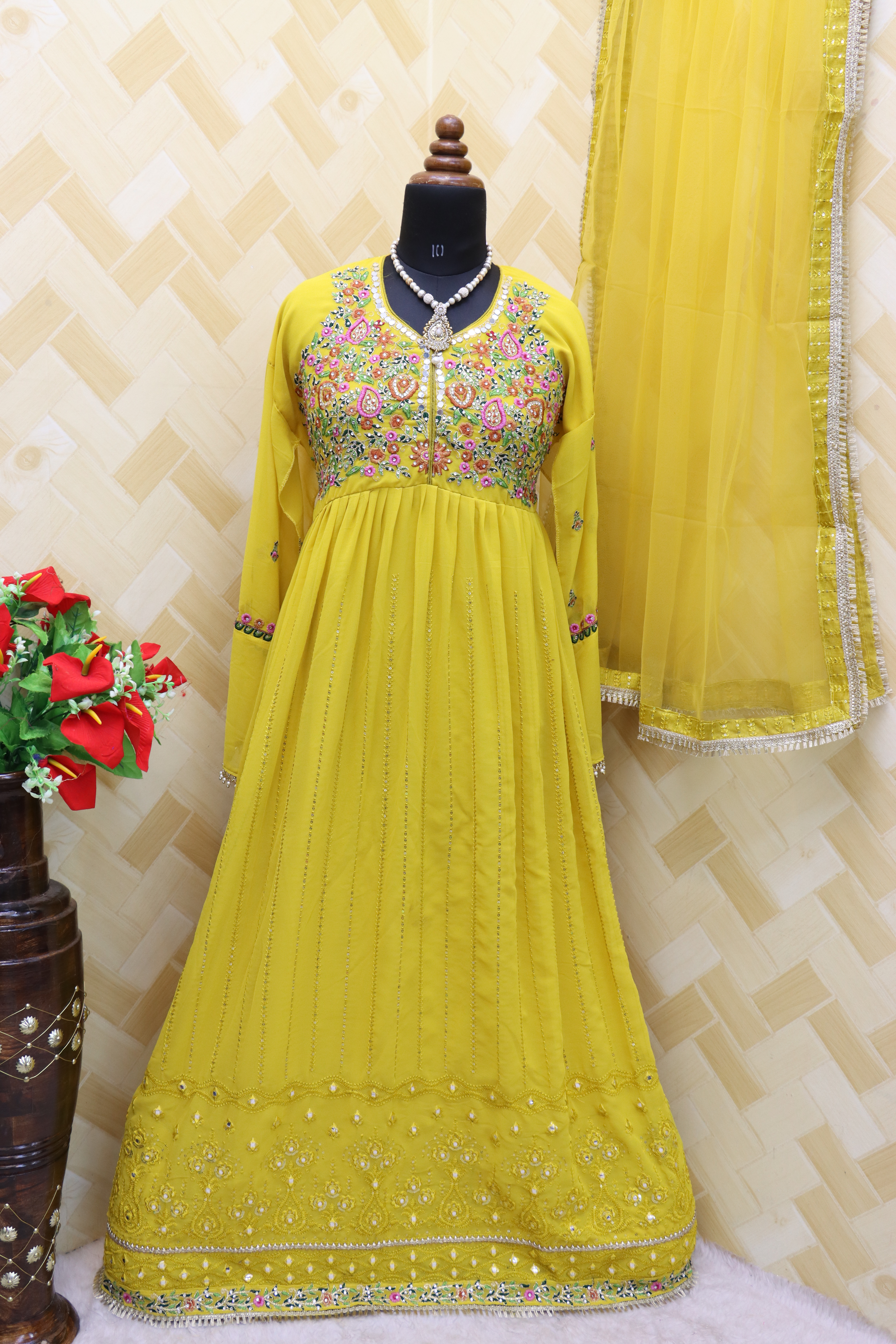 Georgette Fabric Function Wear Embroidered Yellow Color Anarkali Suit