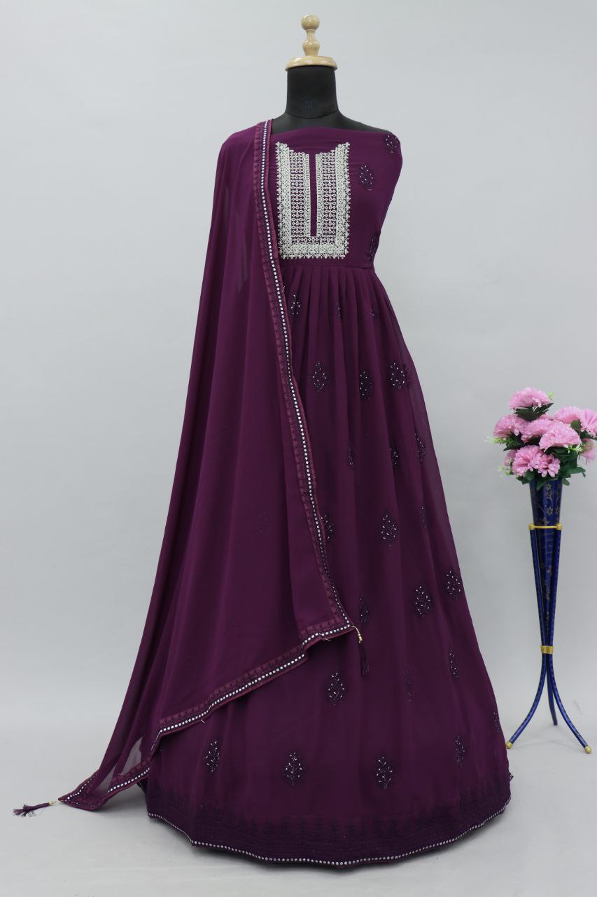 Deep Purple Lucknowi Zari Embroidered Designer Anarkali Suit at Sokiro Style