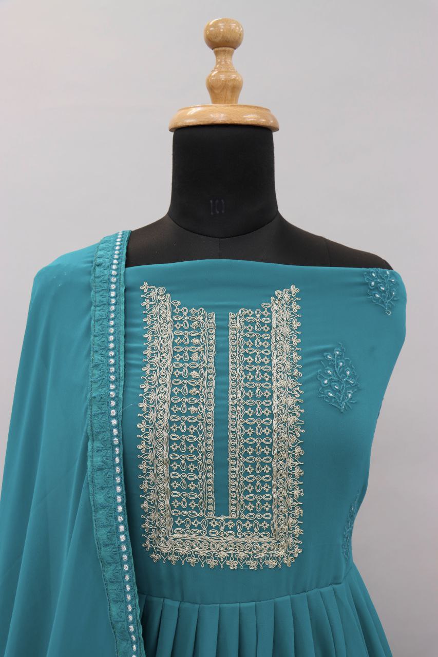 Sky blue Lucknowi Zari Embroidered Designer Anarkali Suit at Sokiro Style