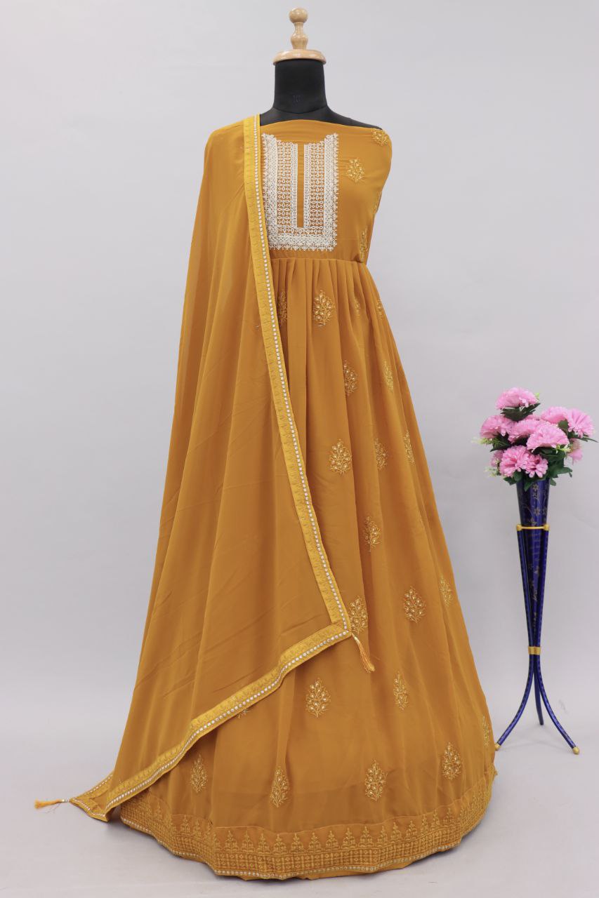 Musturd yellow Lucknowi Zari Embroidered Designer Anarkali Suit at Sokiro Style