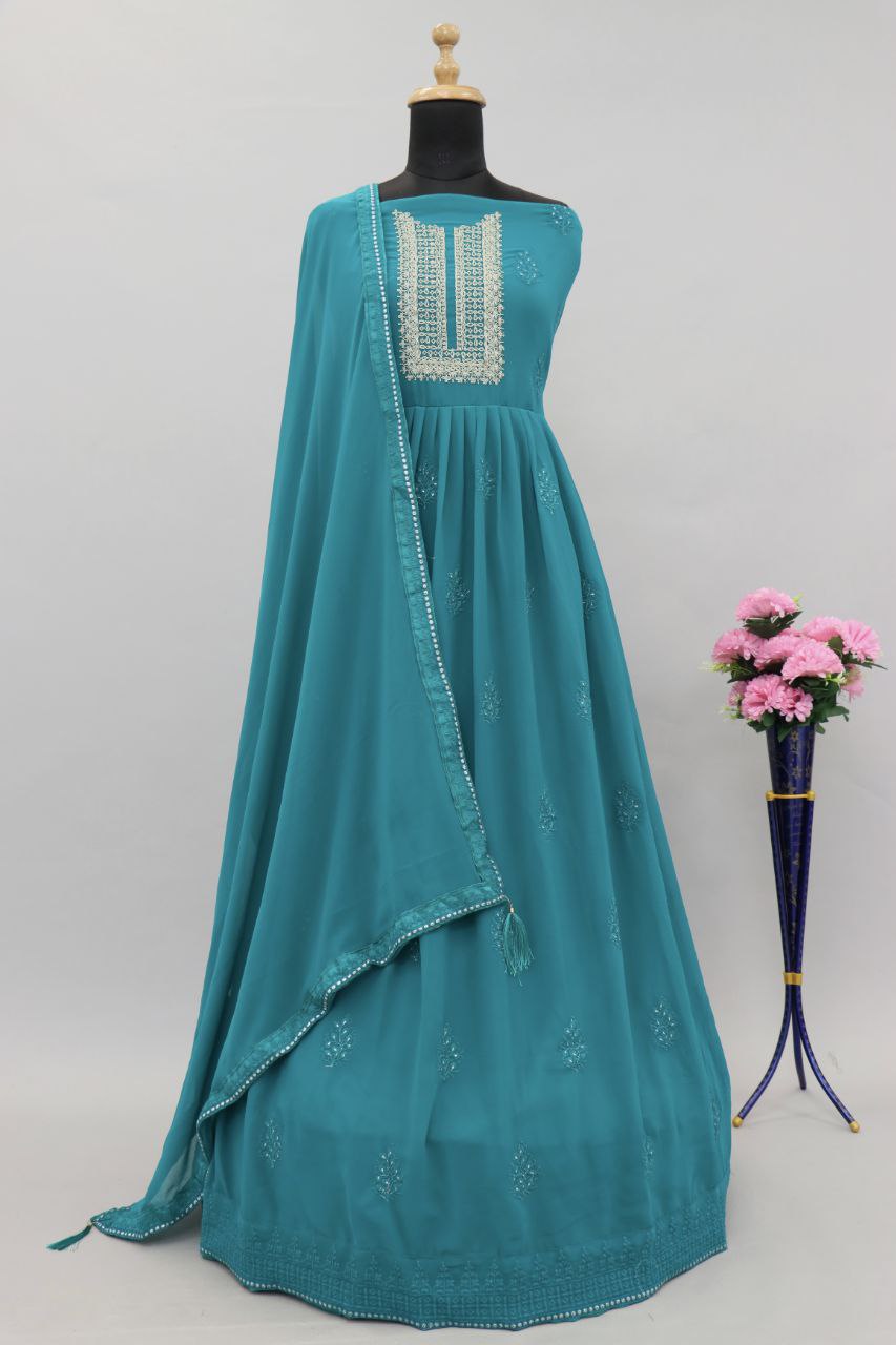 Sky blue Lucknowi Zari Embroidered Designer Anarkali Suit at Sokiro Style