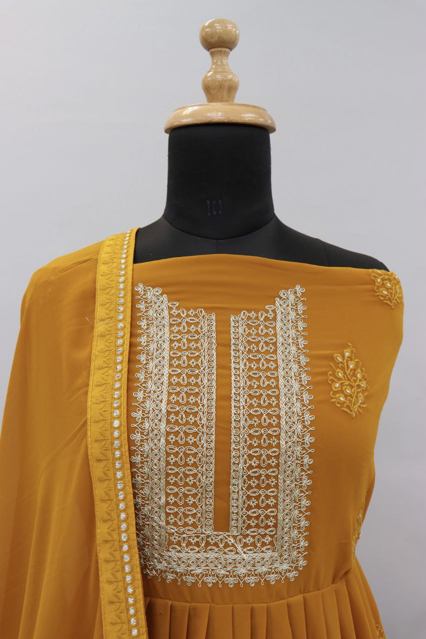 Musturd yellow Lucknowi Zari Embroidered Designer Anarkali Suit at Sokiro Style