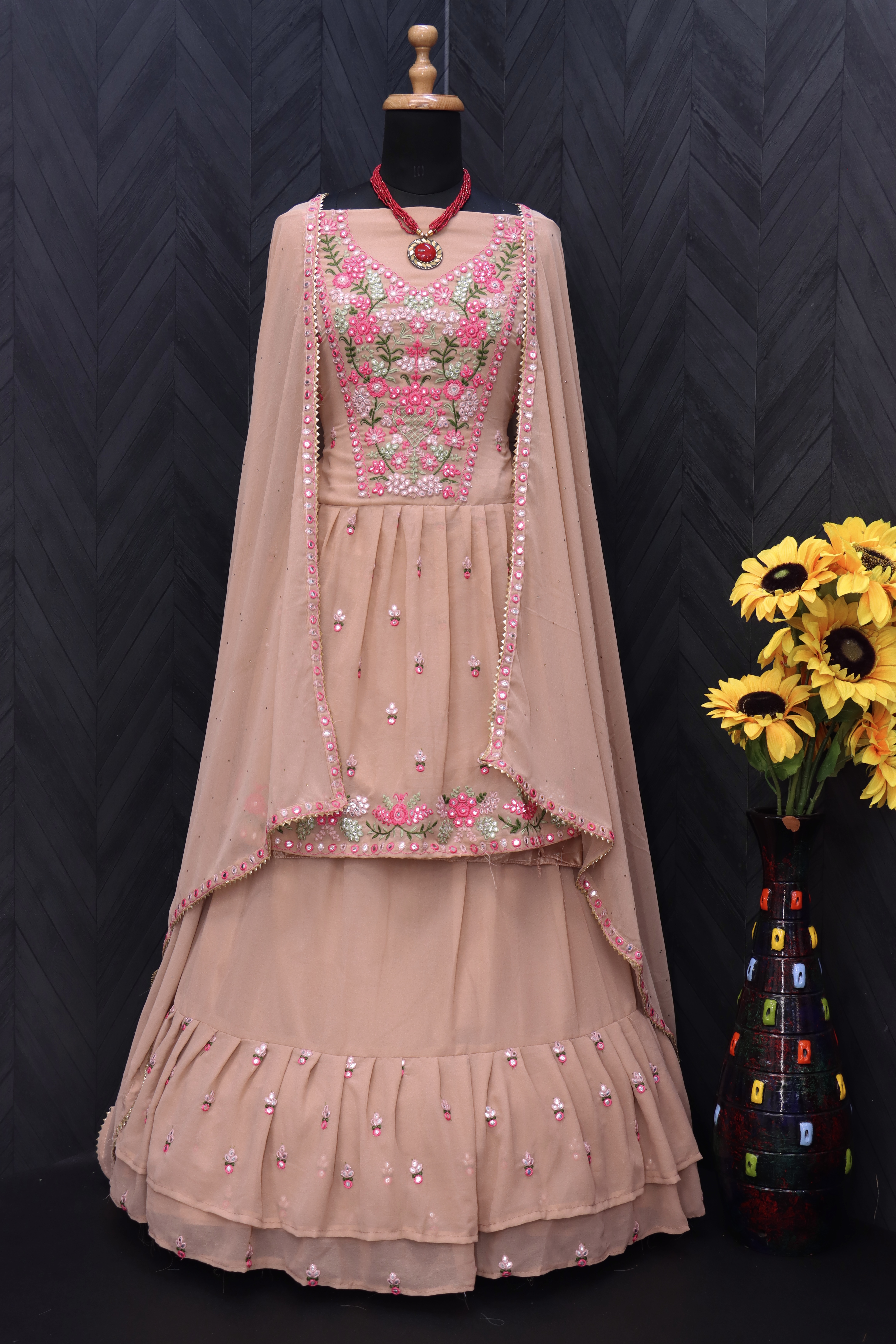 Pink Resham Embroidered Kurti Style Lehenga