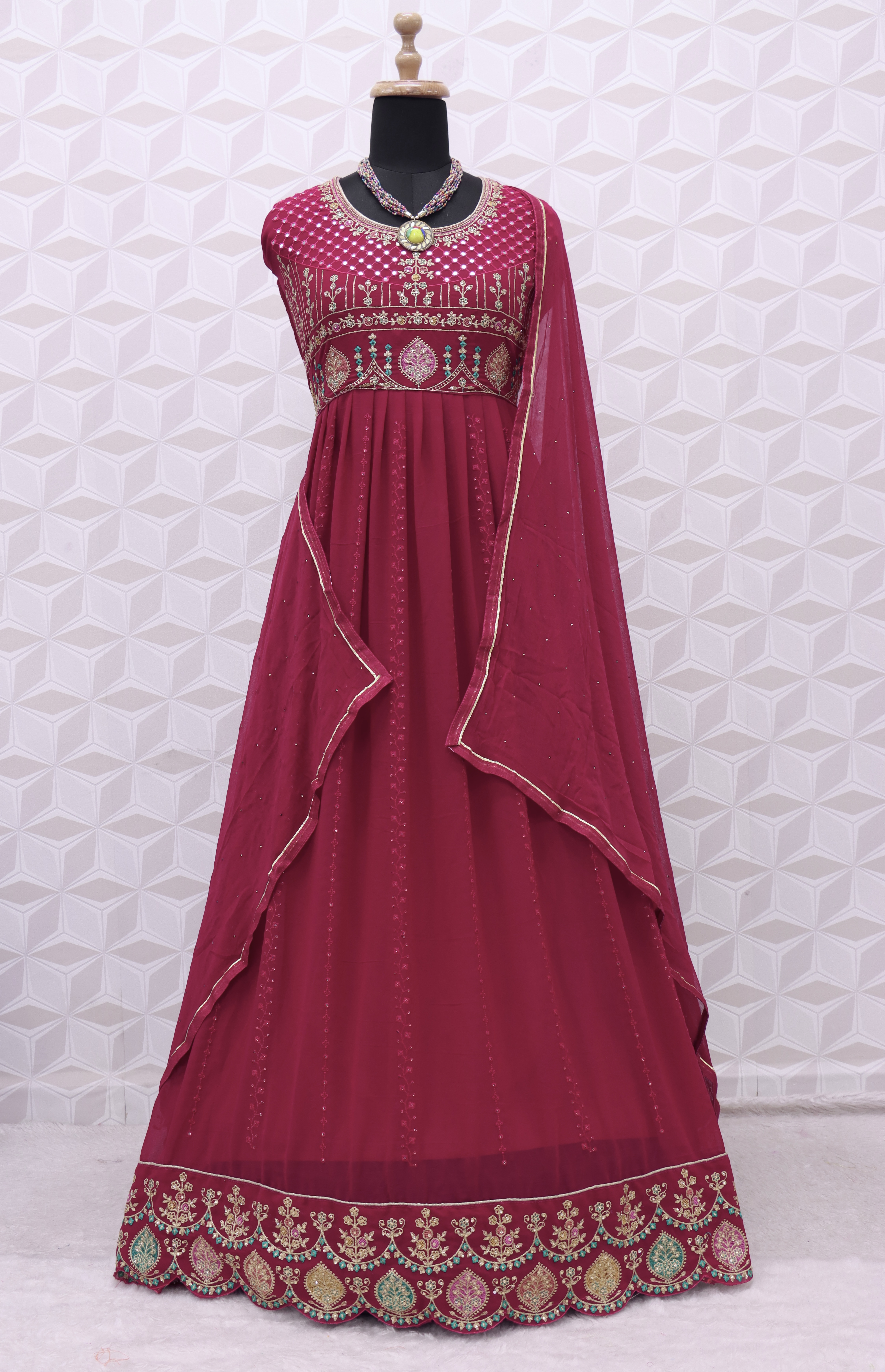 Red Embroidered Slitted Anarkali Suit In Georgette