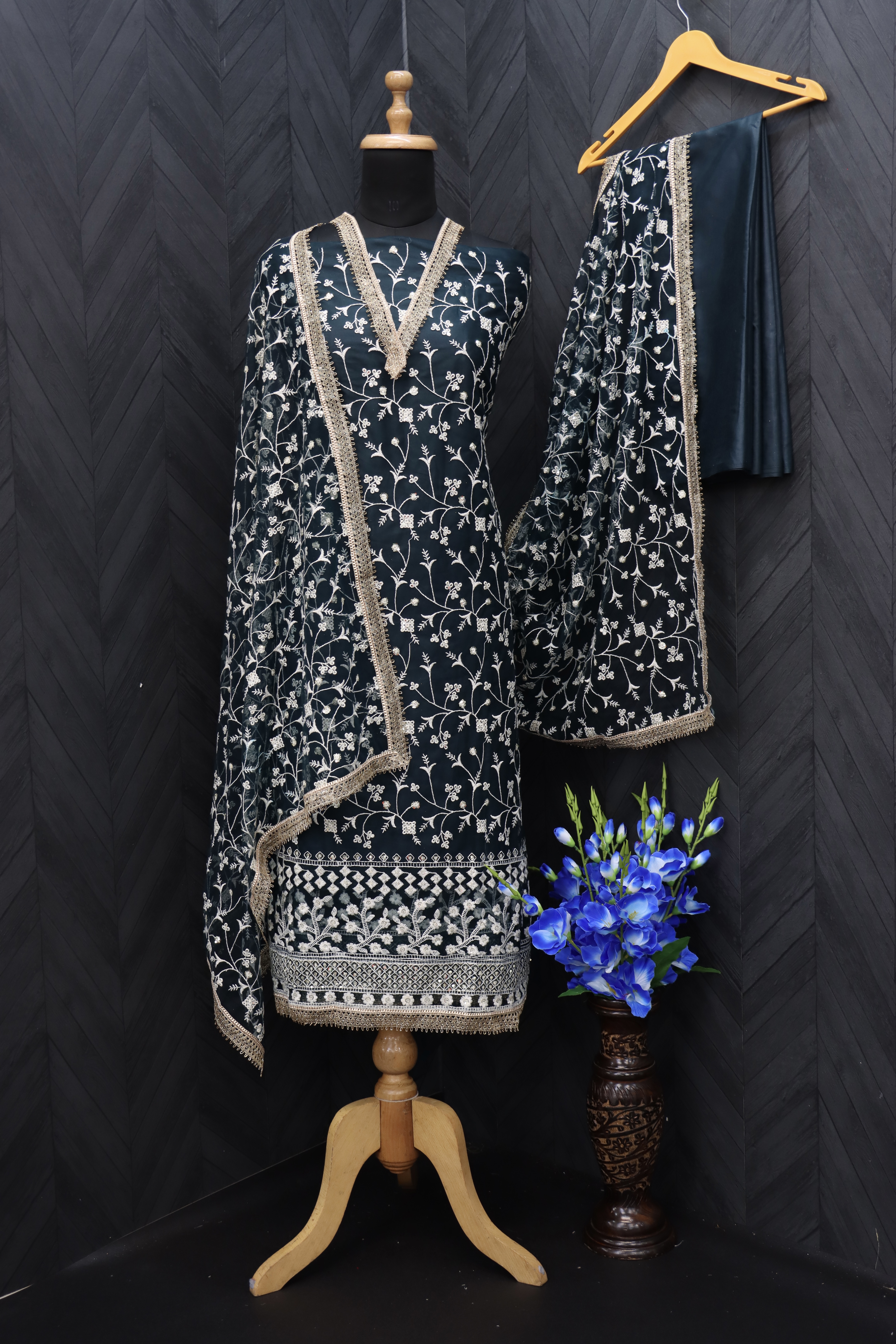 Embroidered Net Pakistani Suit in Dark slate grey