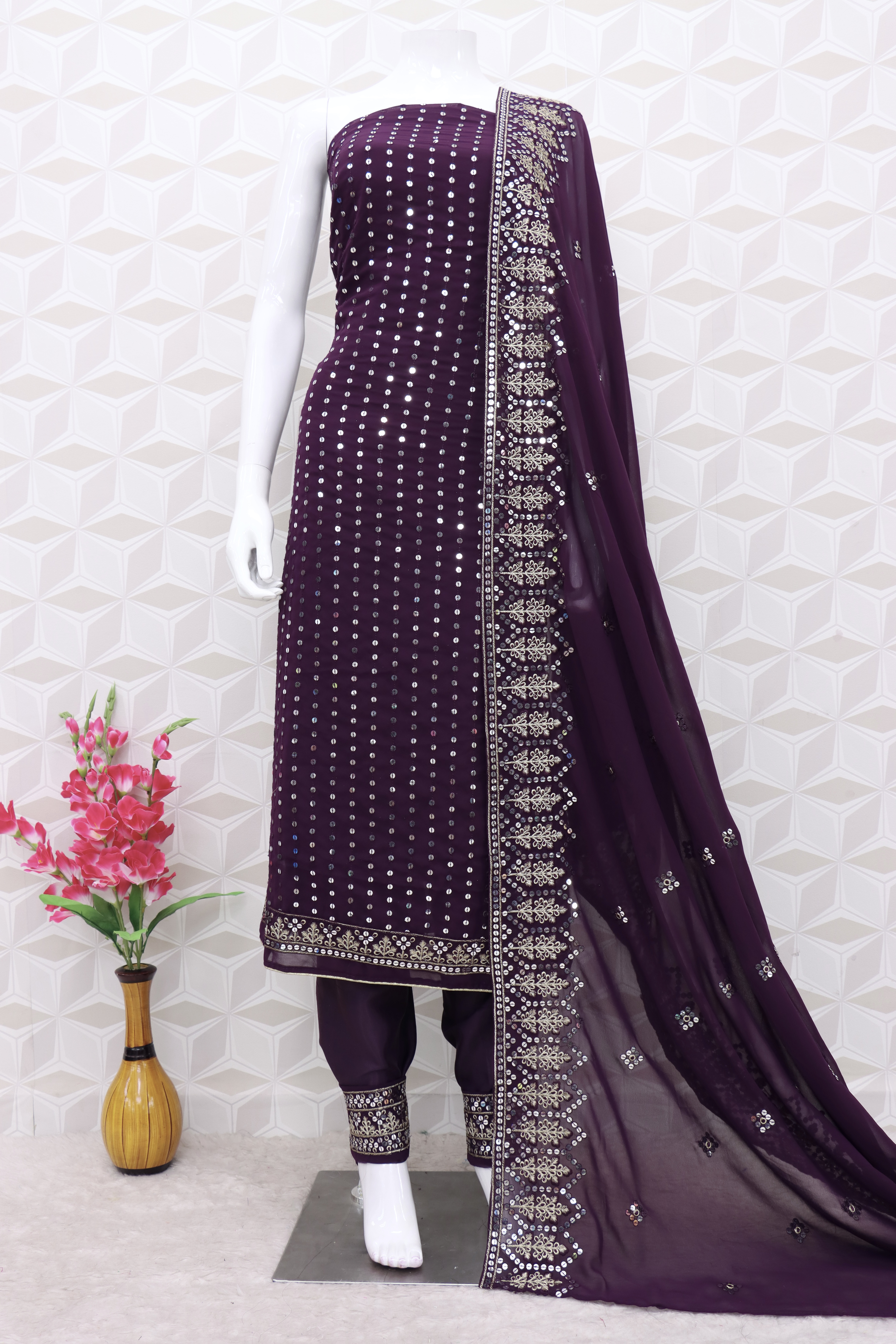 Wine Faux Georgette Pakistani Suit