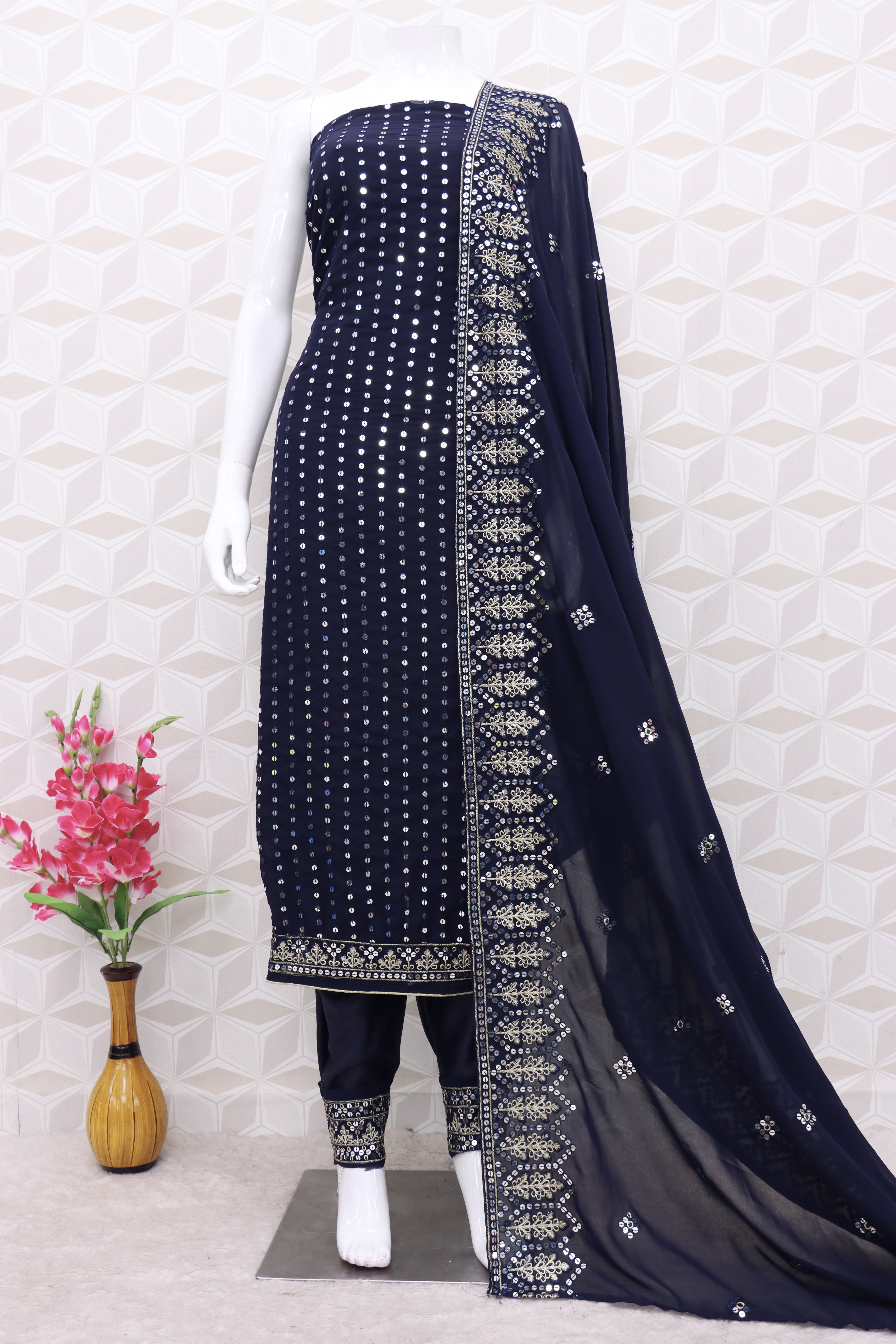 Navy Blue Faux Georgette Pakistani Suit