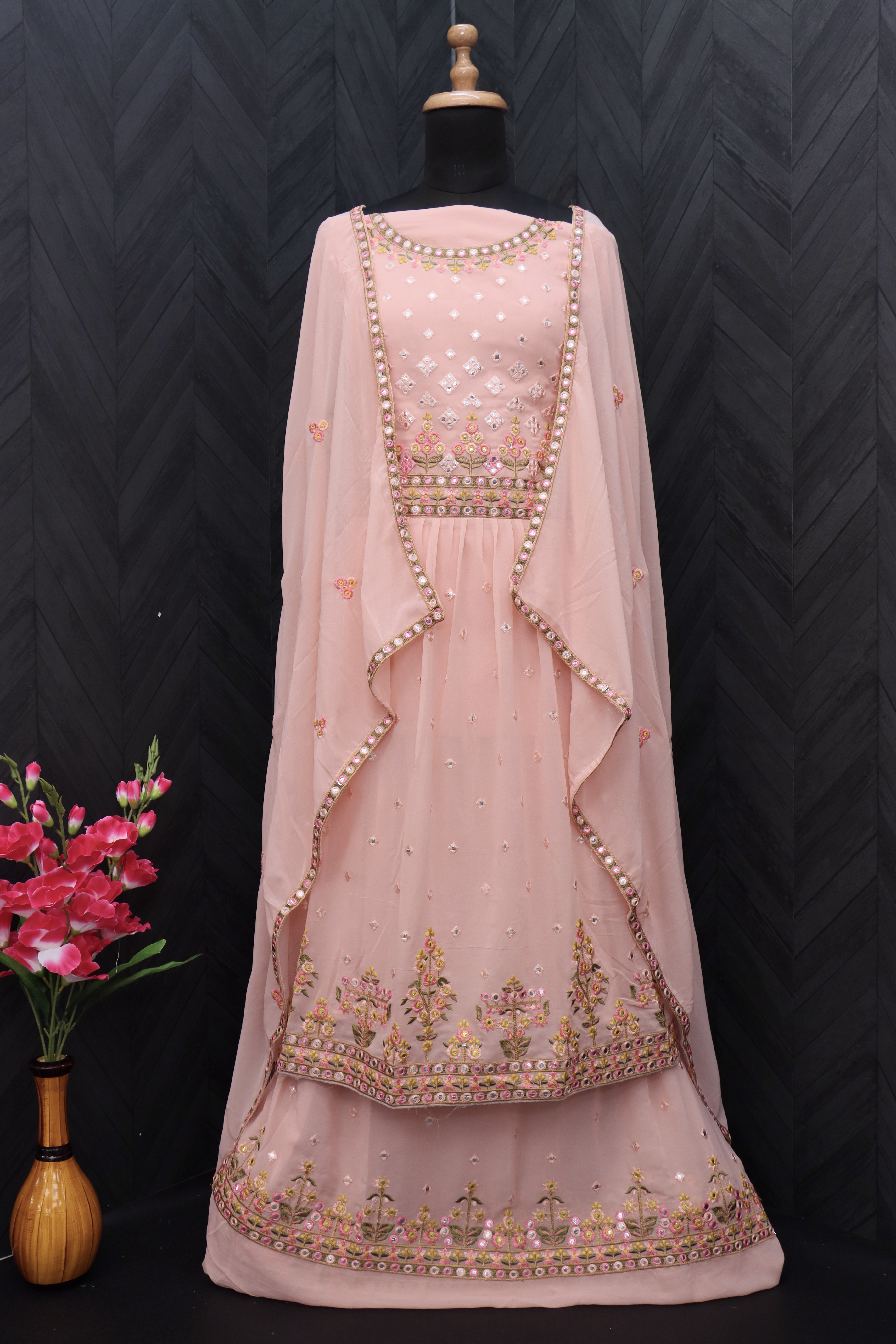 Embroidered Georgette Pakistani Suit in Peach