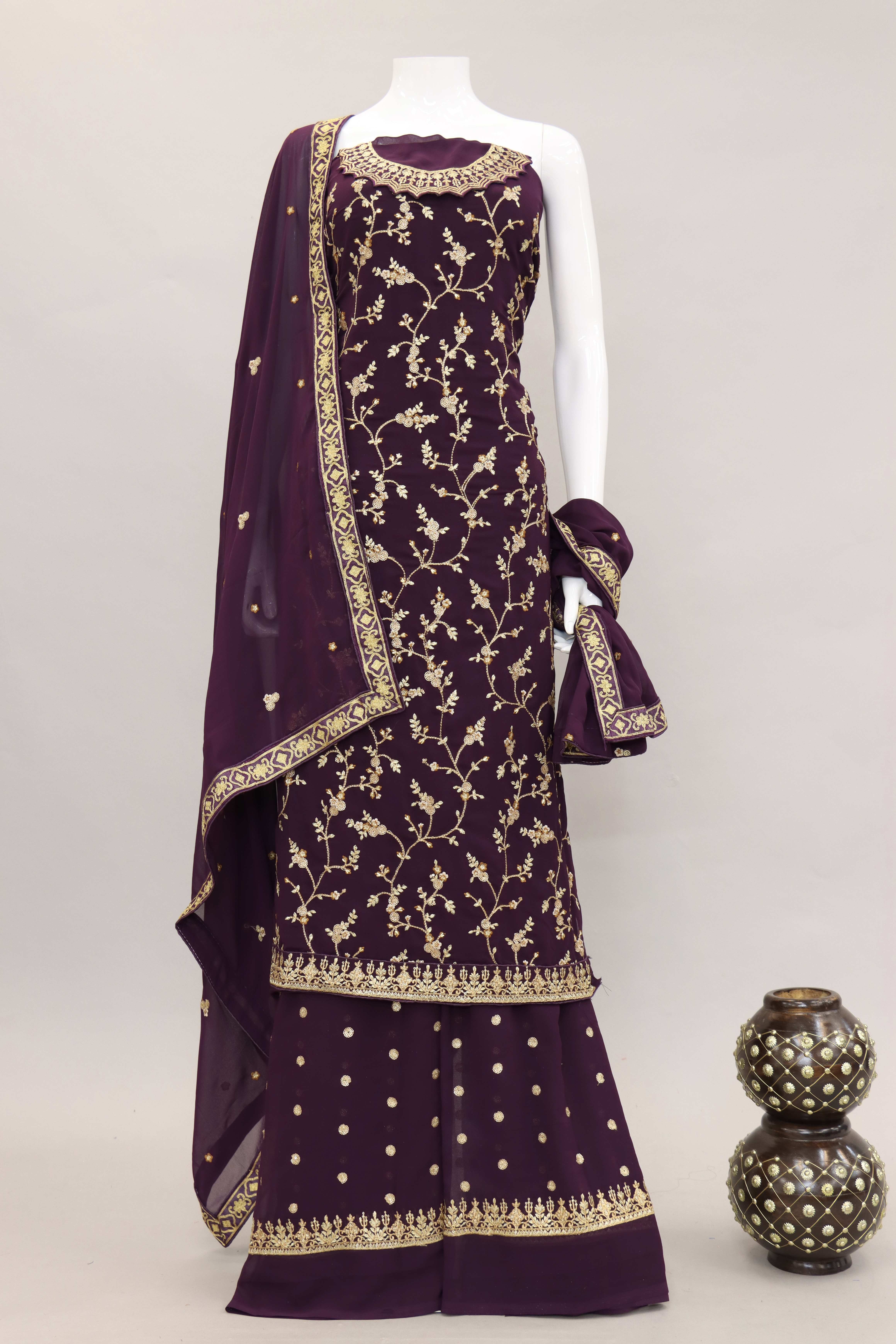 PURPLE DESIGNER EMBROIDERY,DIAMOND WORK GEORGETTE UNSTITCHED DESIGNER PANT SILK SALWAR SUIT SEMI STITCHED