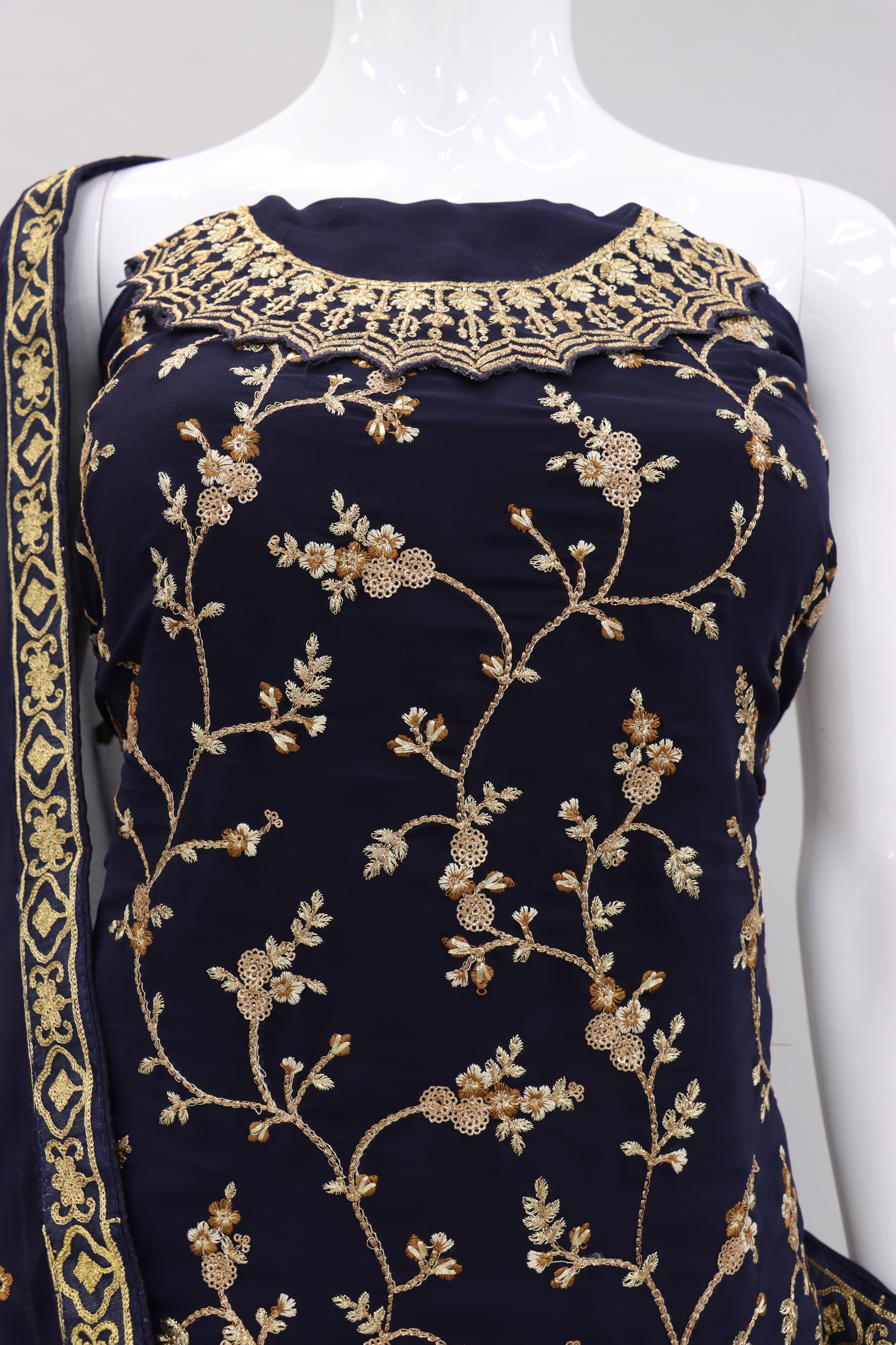 Navy Blue Embellished With Embroidered Georgette Palazzo Suit