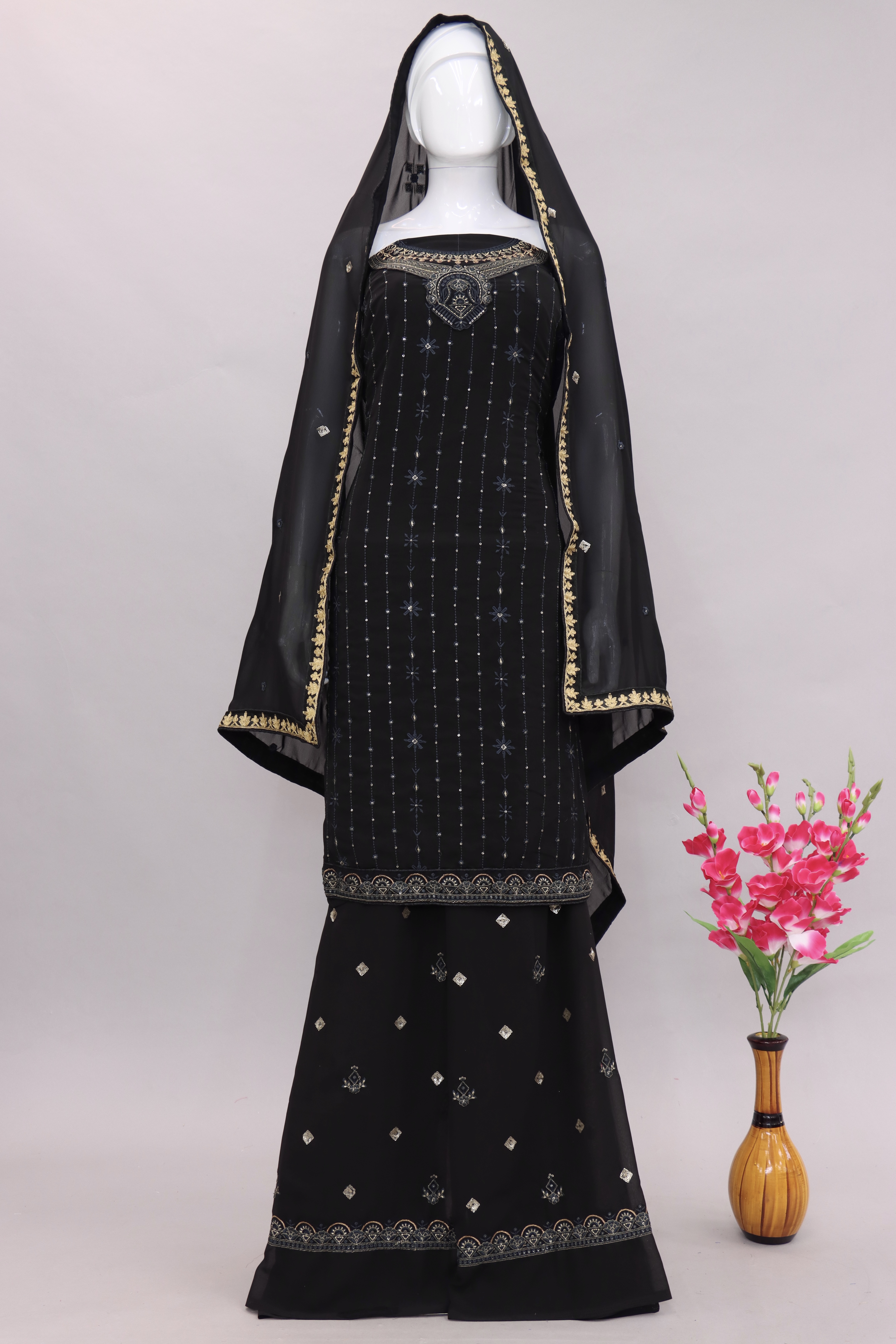 Black Color Function Wear Fancy Embroidered Sharara Dress In Georgette Fabric