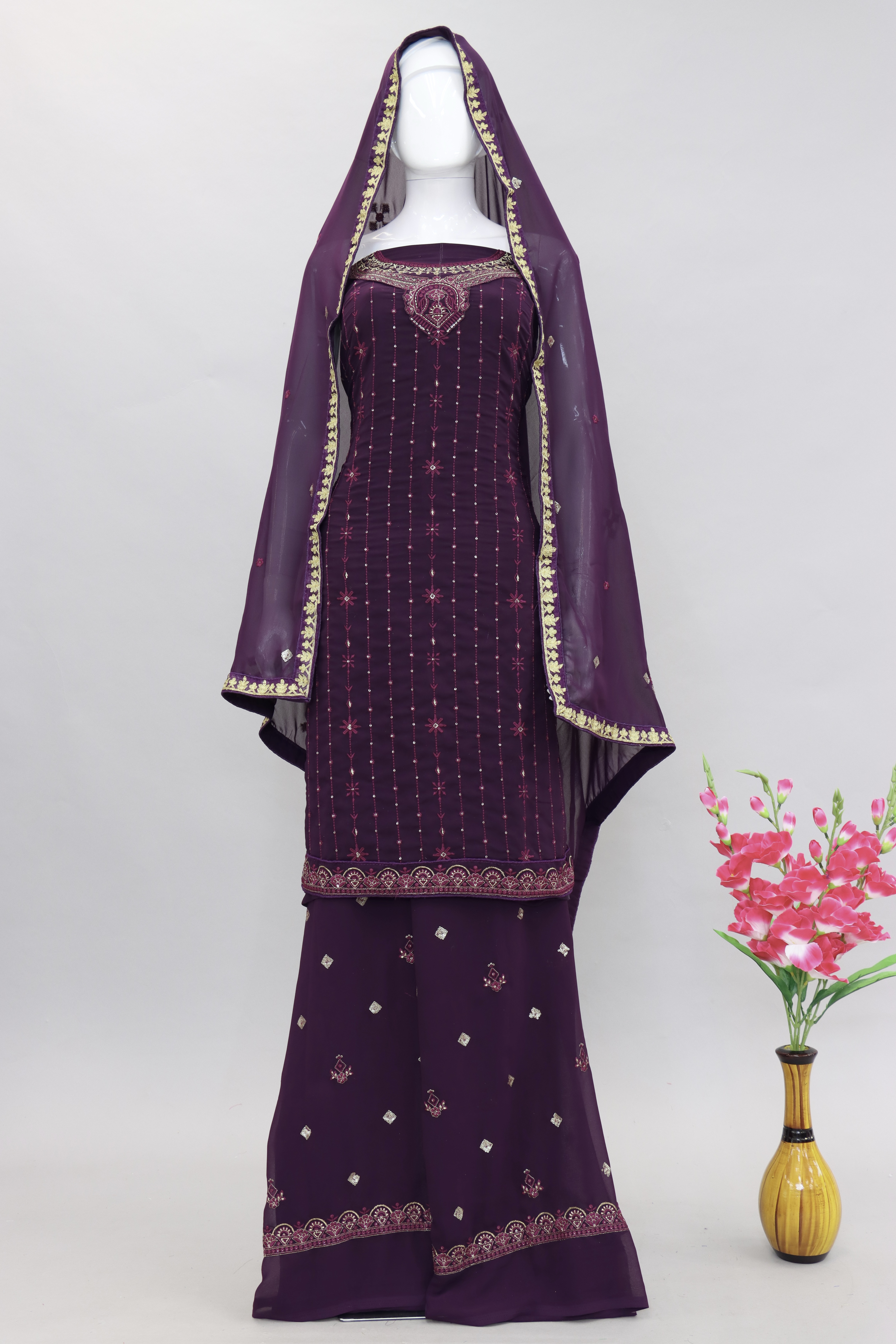 Purple Chinon Chiffon Embroidered Dress Material