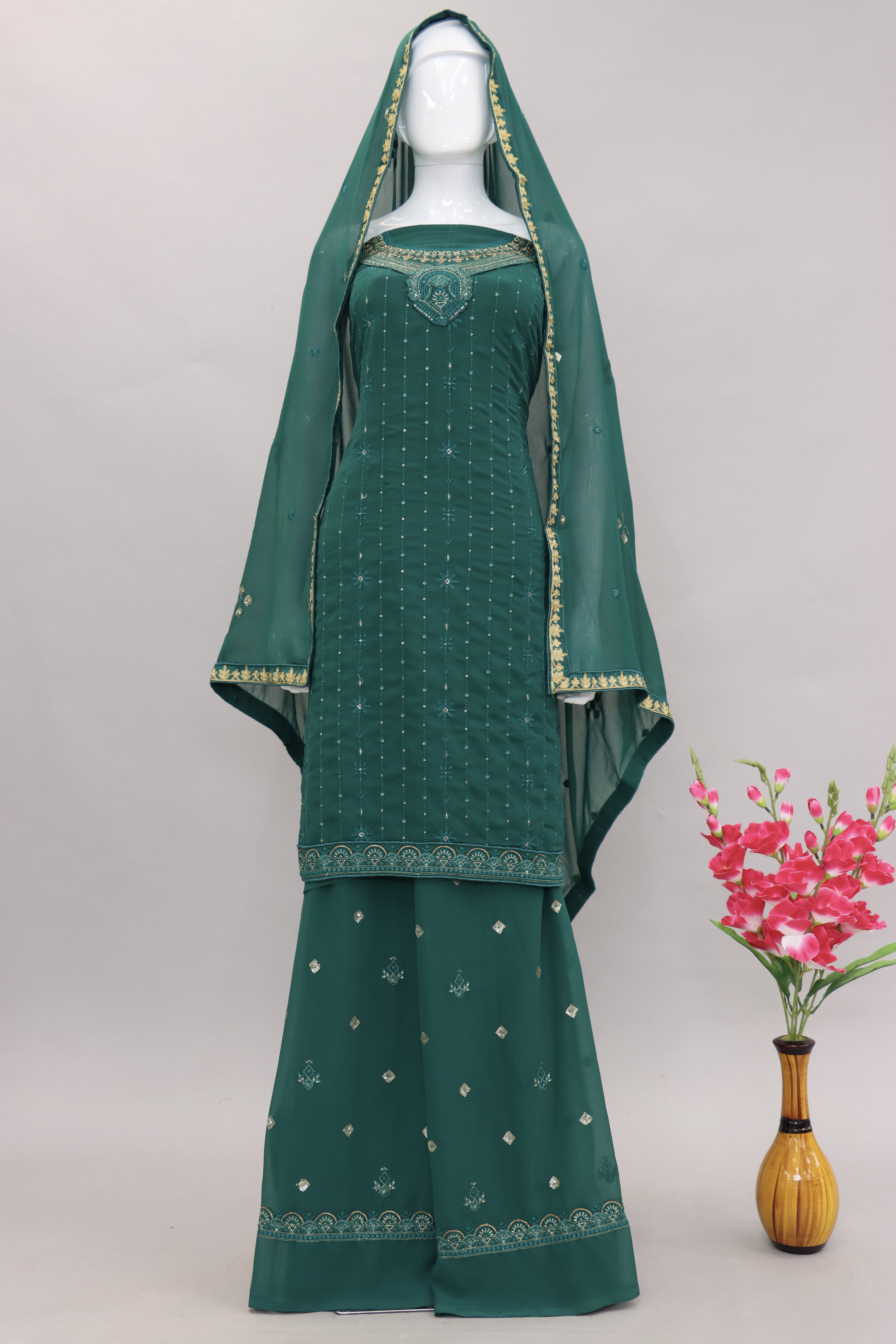 Dark Green Sequence Work Heavy Georgette Top With Sharara