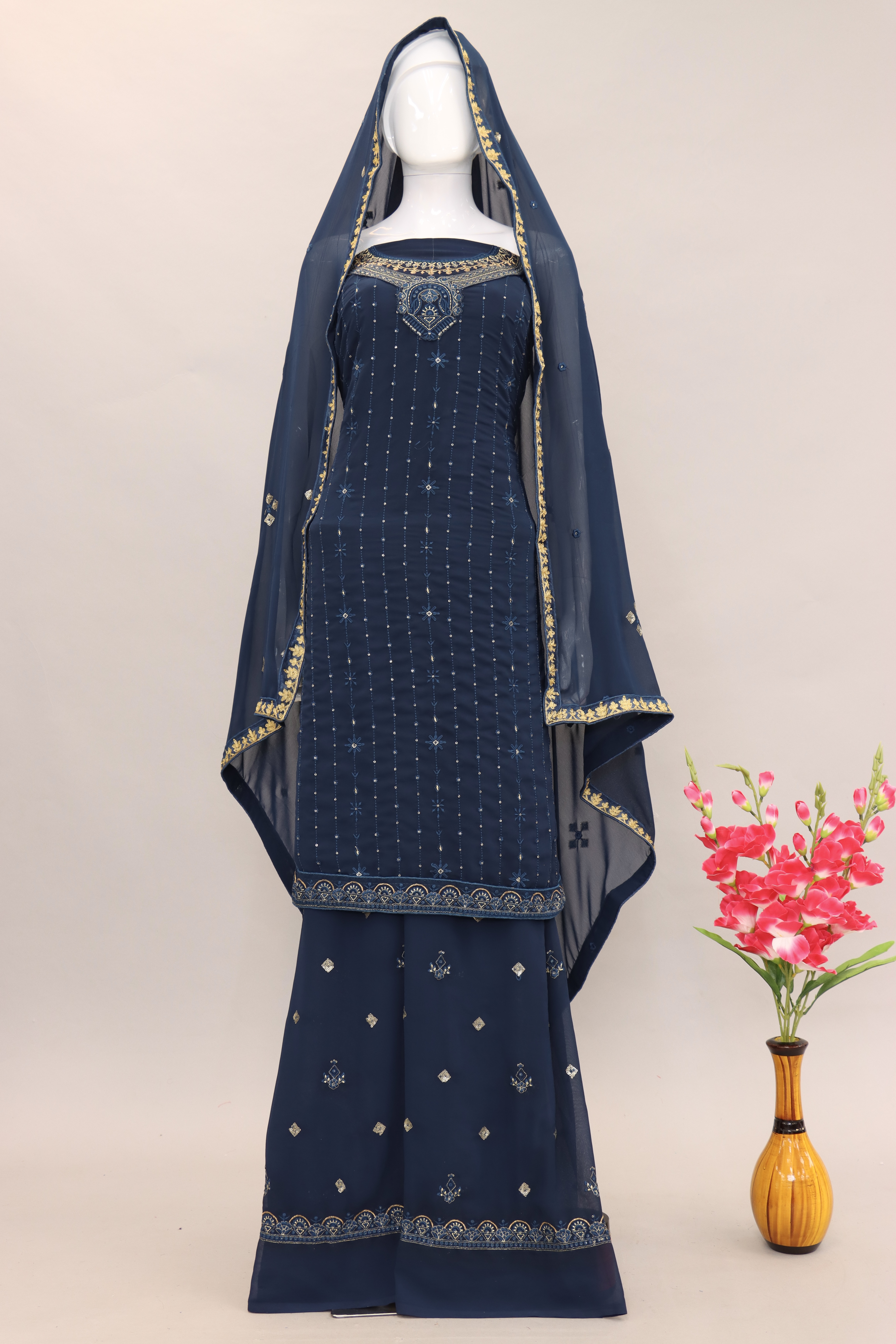 Navy Blue Georgette Zari Stone Semi Stitched Suit Set