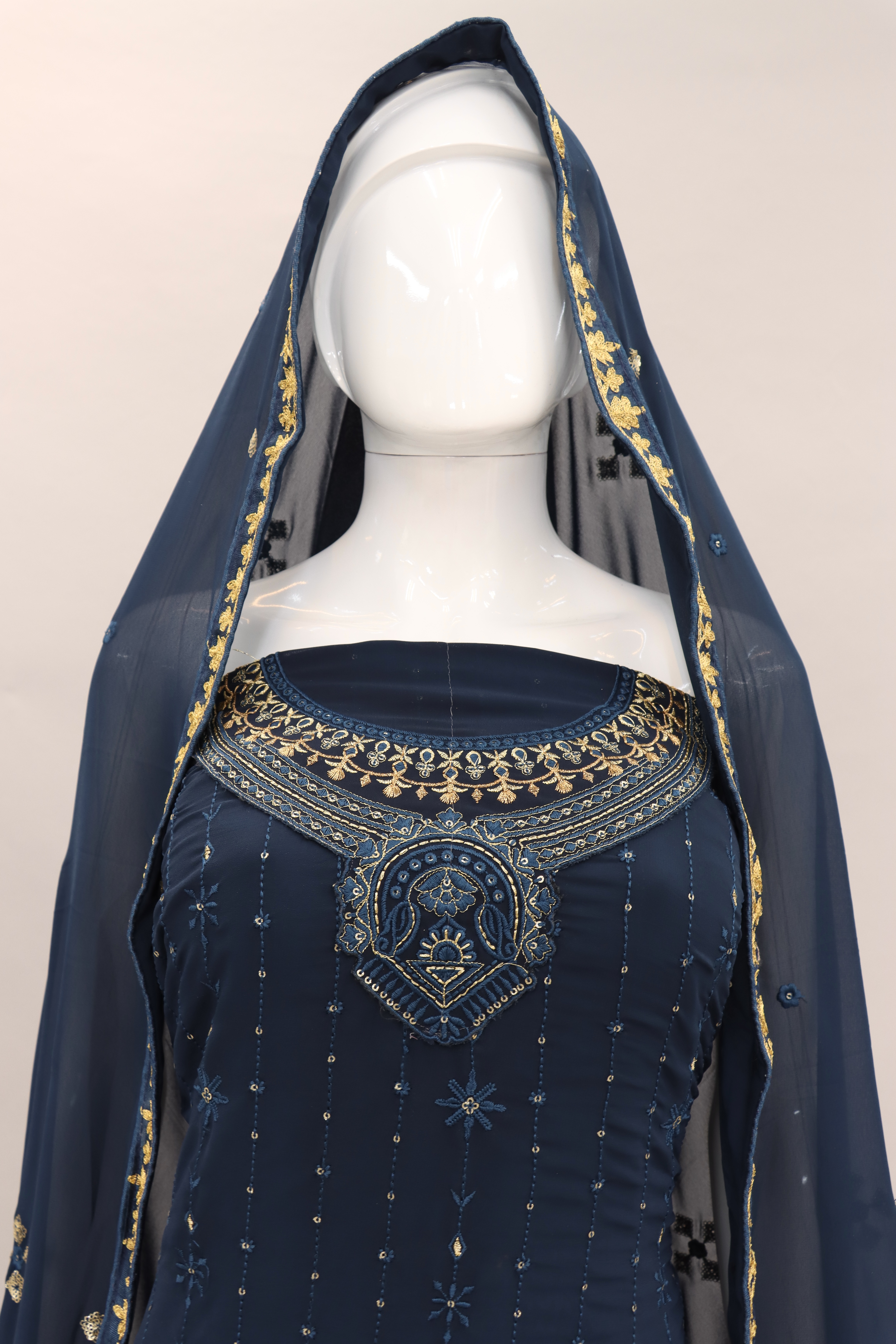 Navy Blue Georgette Zari Stone Semi Stitched Suit Set