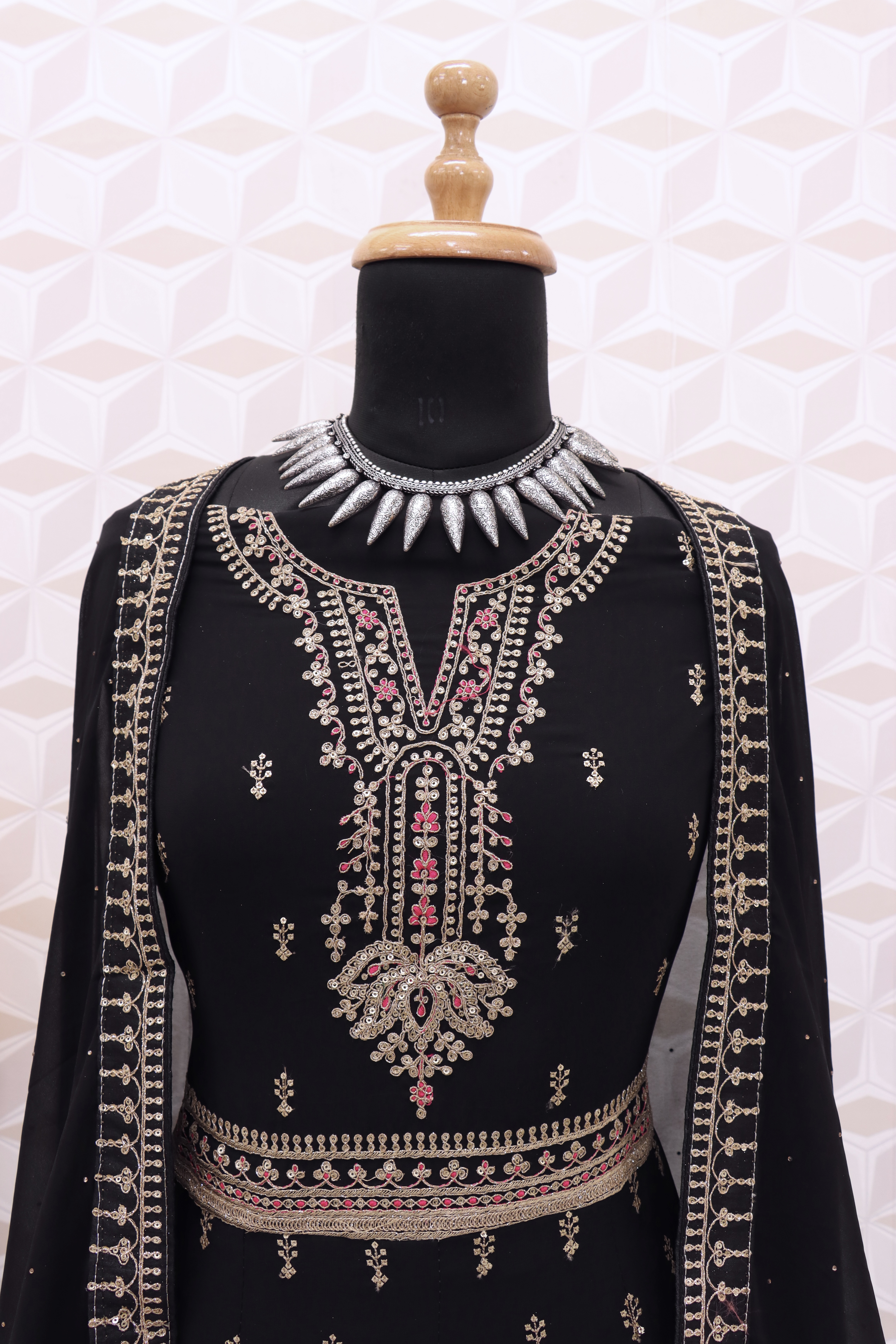 Embroidered Art Silk Abaya Style Suit in black