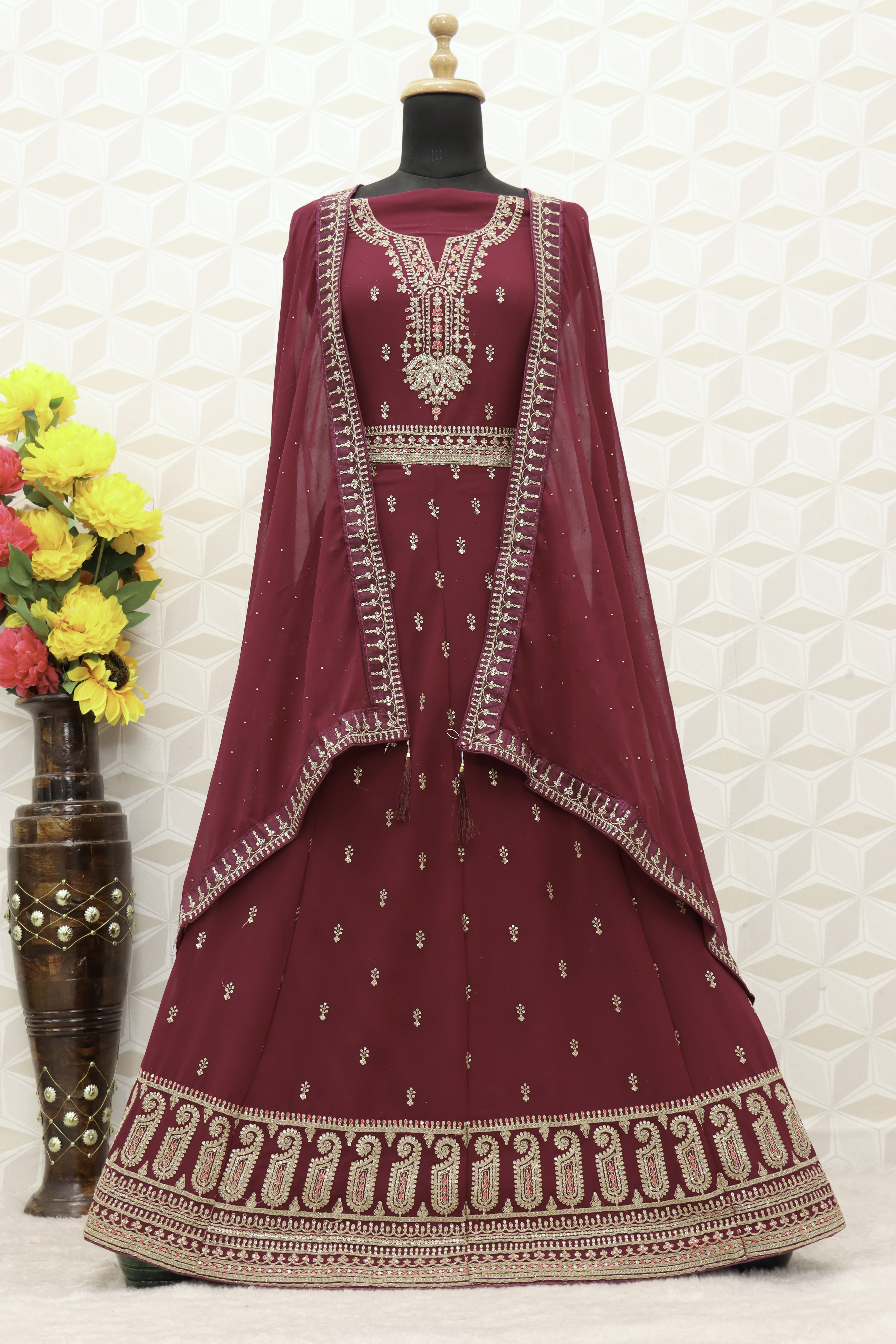 Embroidered Art Silk Abaya Style Suit in maroon