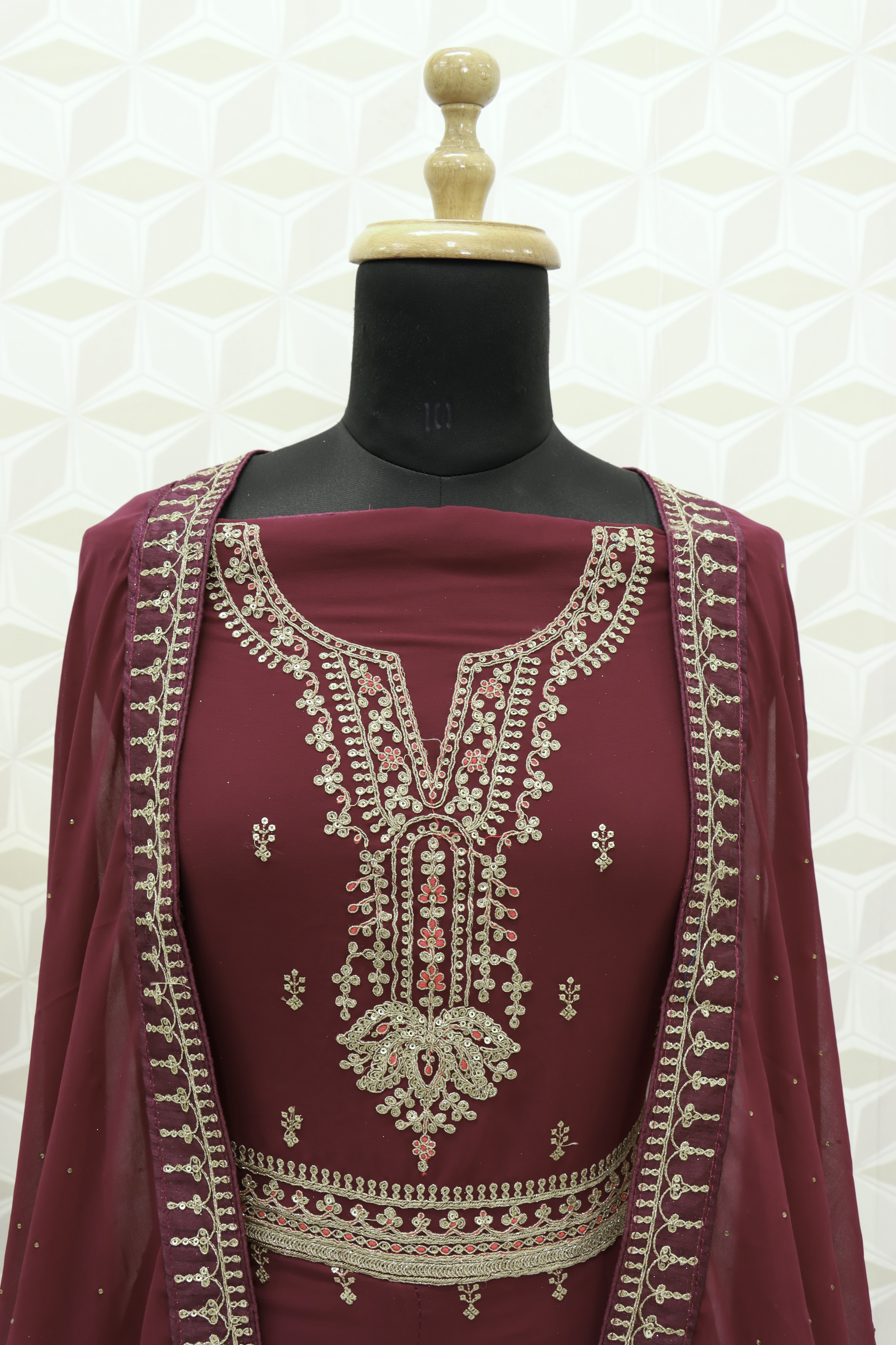 Embroidered Art Silk Abaya Style Suit in maroon