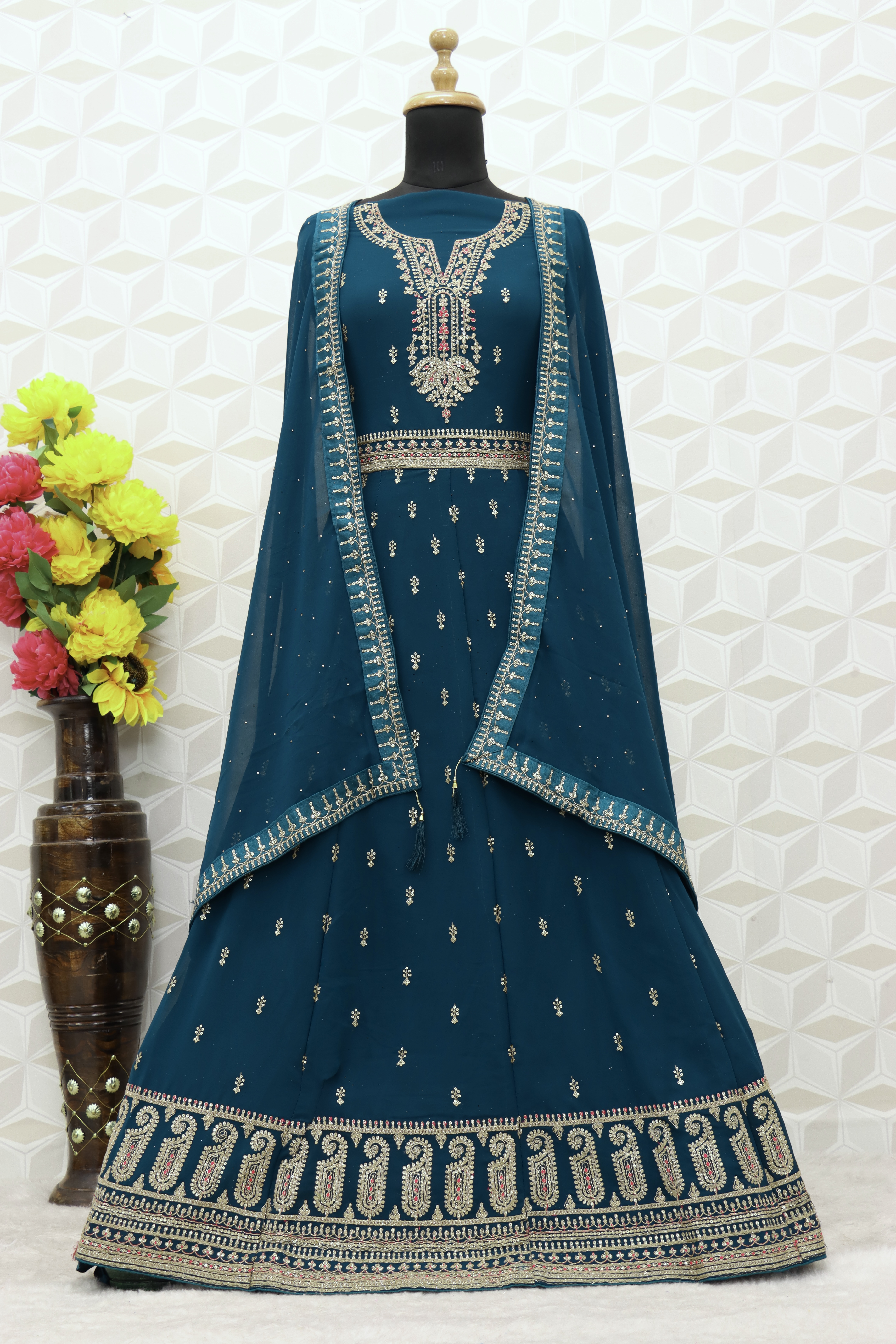 Embroidered Art Silk Abaya Style Suit in Turquoise