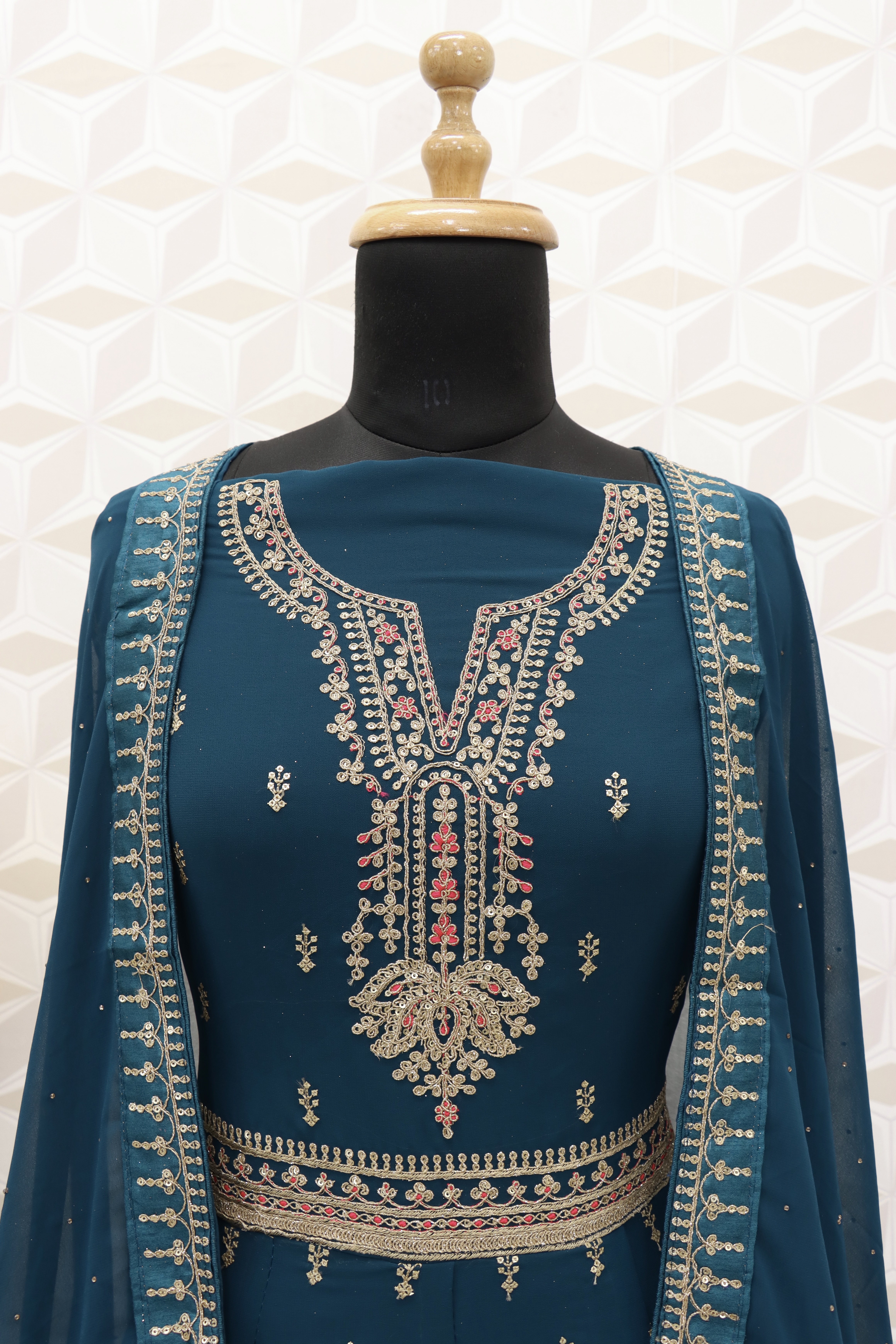 Embroidered Art Silk Abaya Style Suit in Turquoise