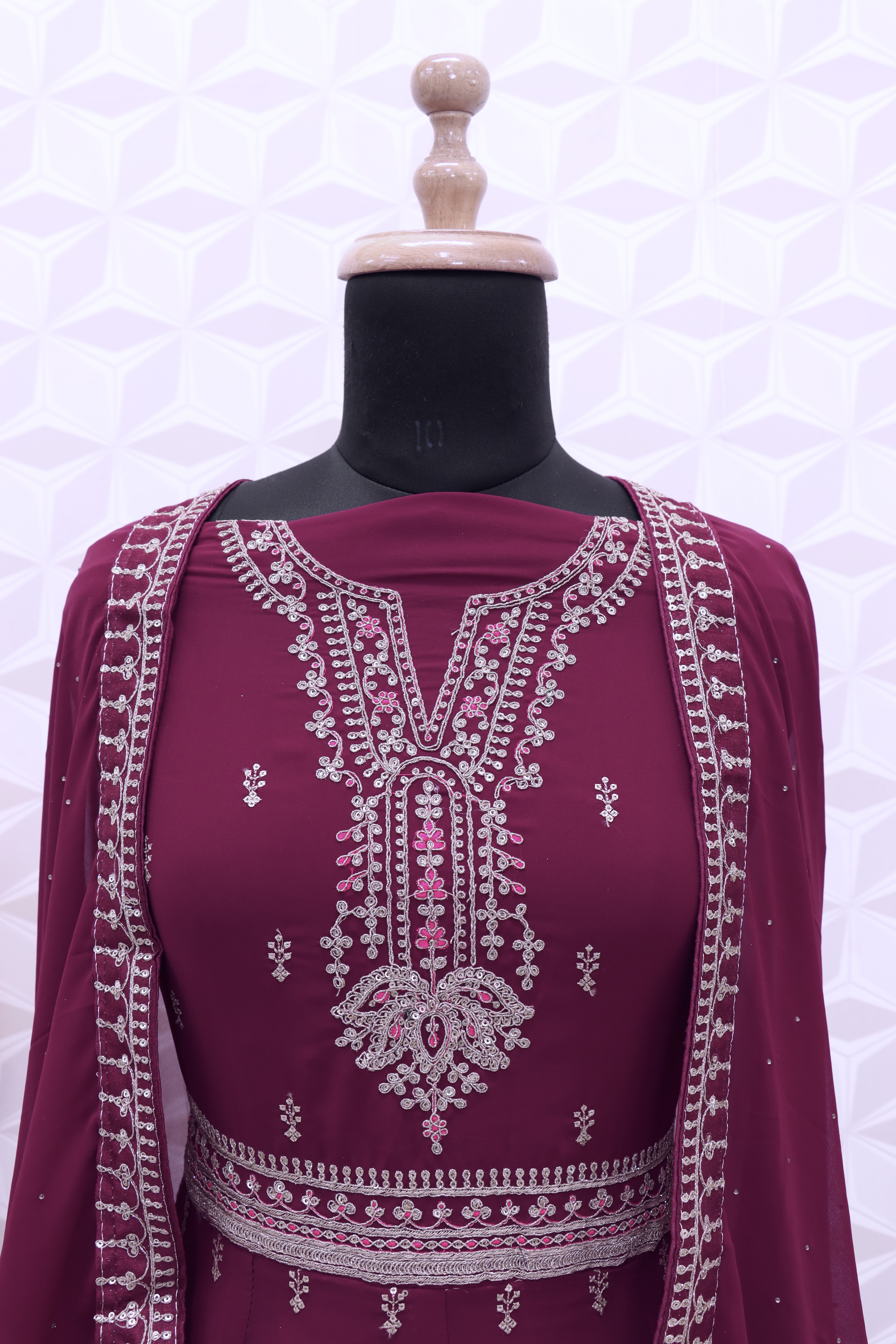 Embroidered Art Silk Abaya Style Suit in wine