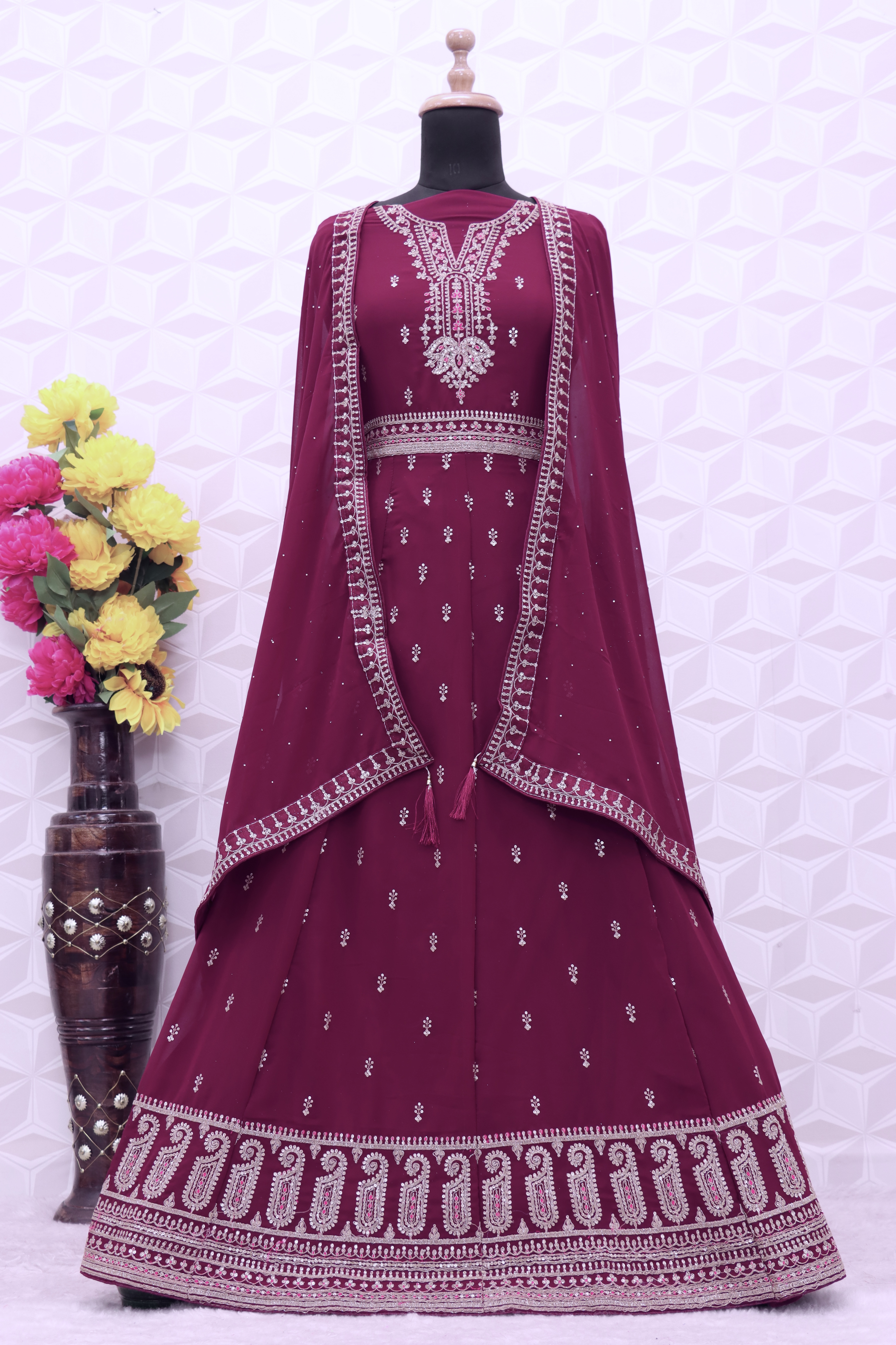 Embroidered Art Silk Abaya Style Suit in wine