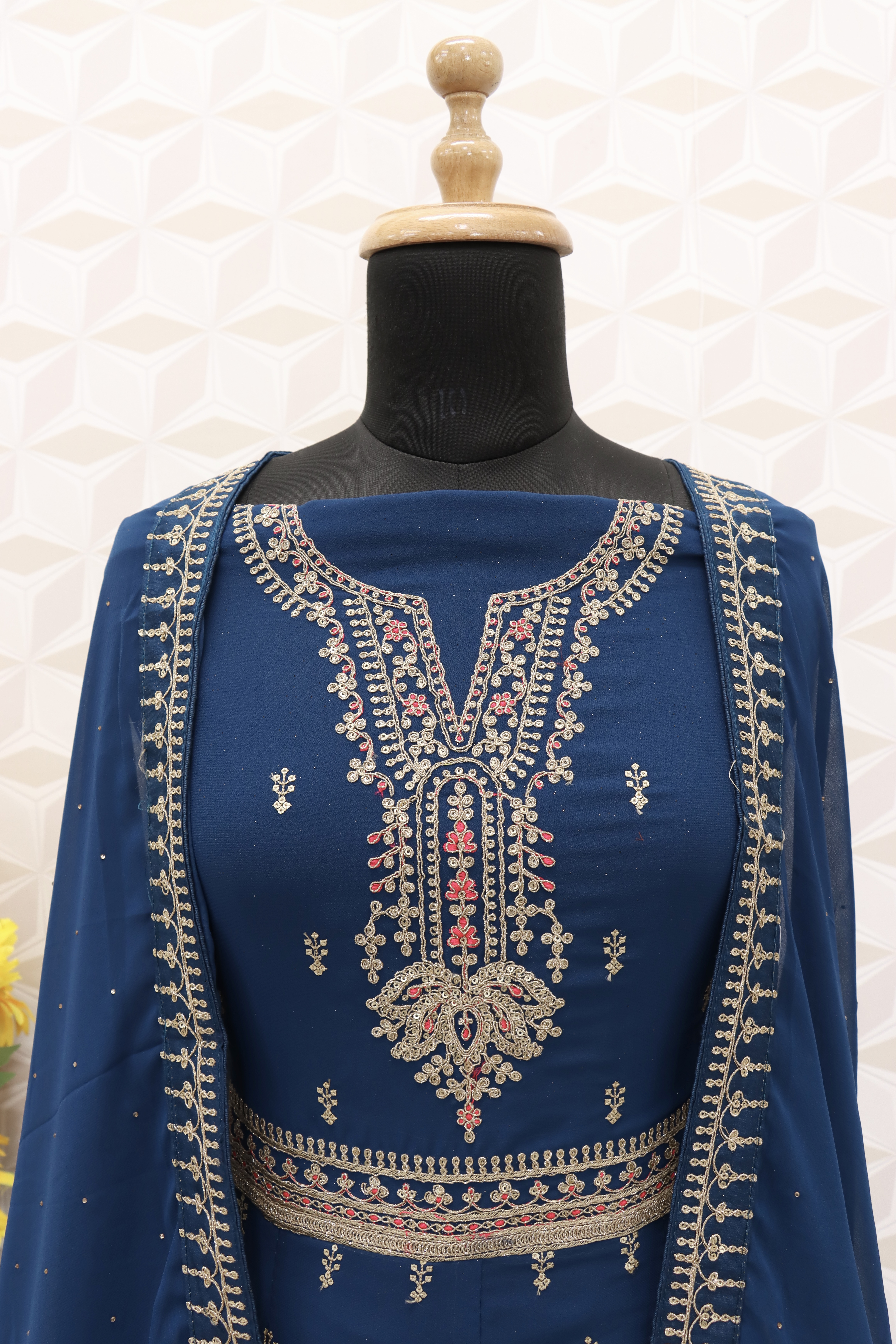 Embroidered Art Silk Abaya Style Suit in Teal Blue