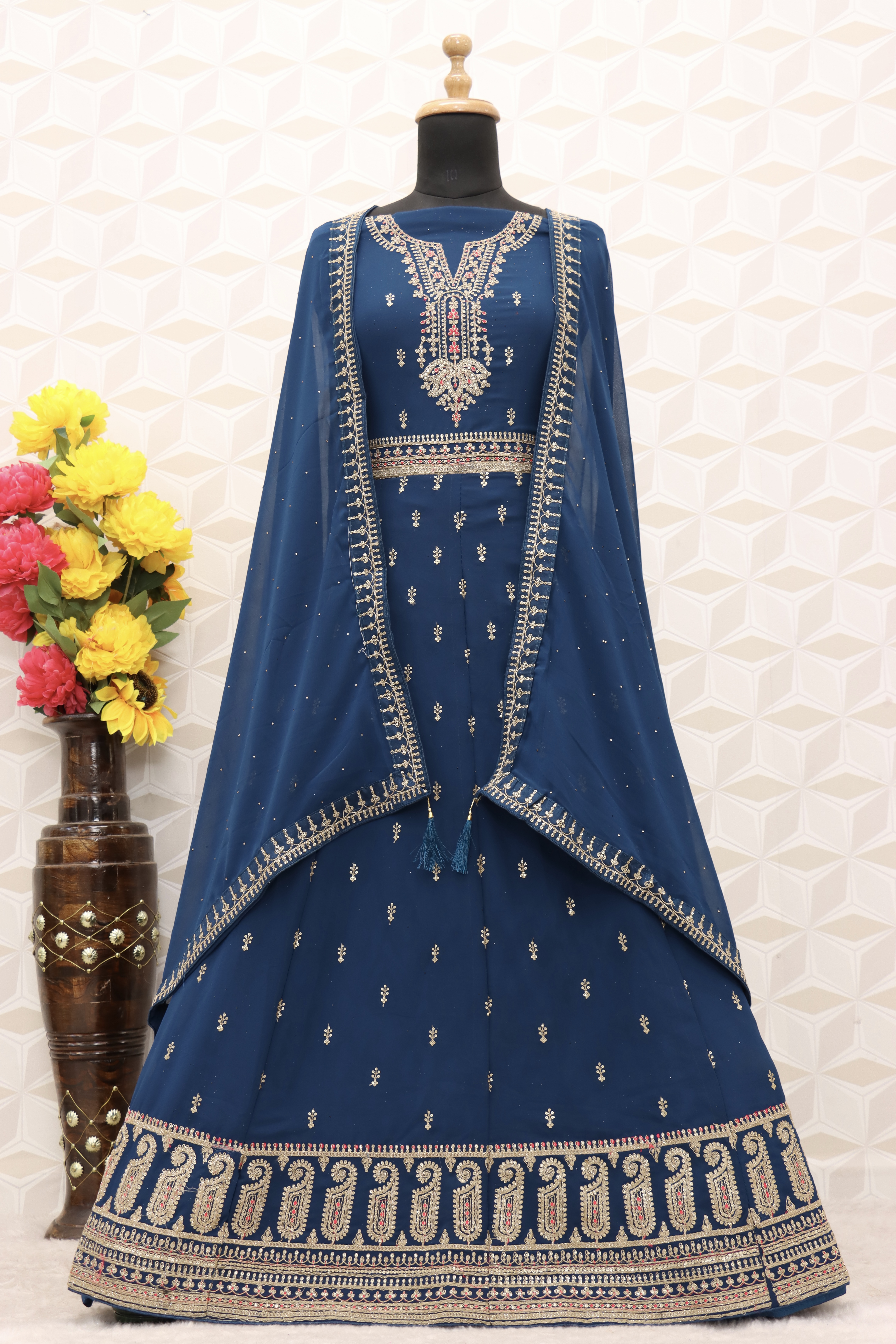 Embroidered Art Silk Abaya Style Suit in Teal Blue