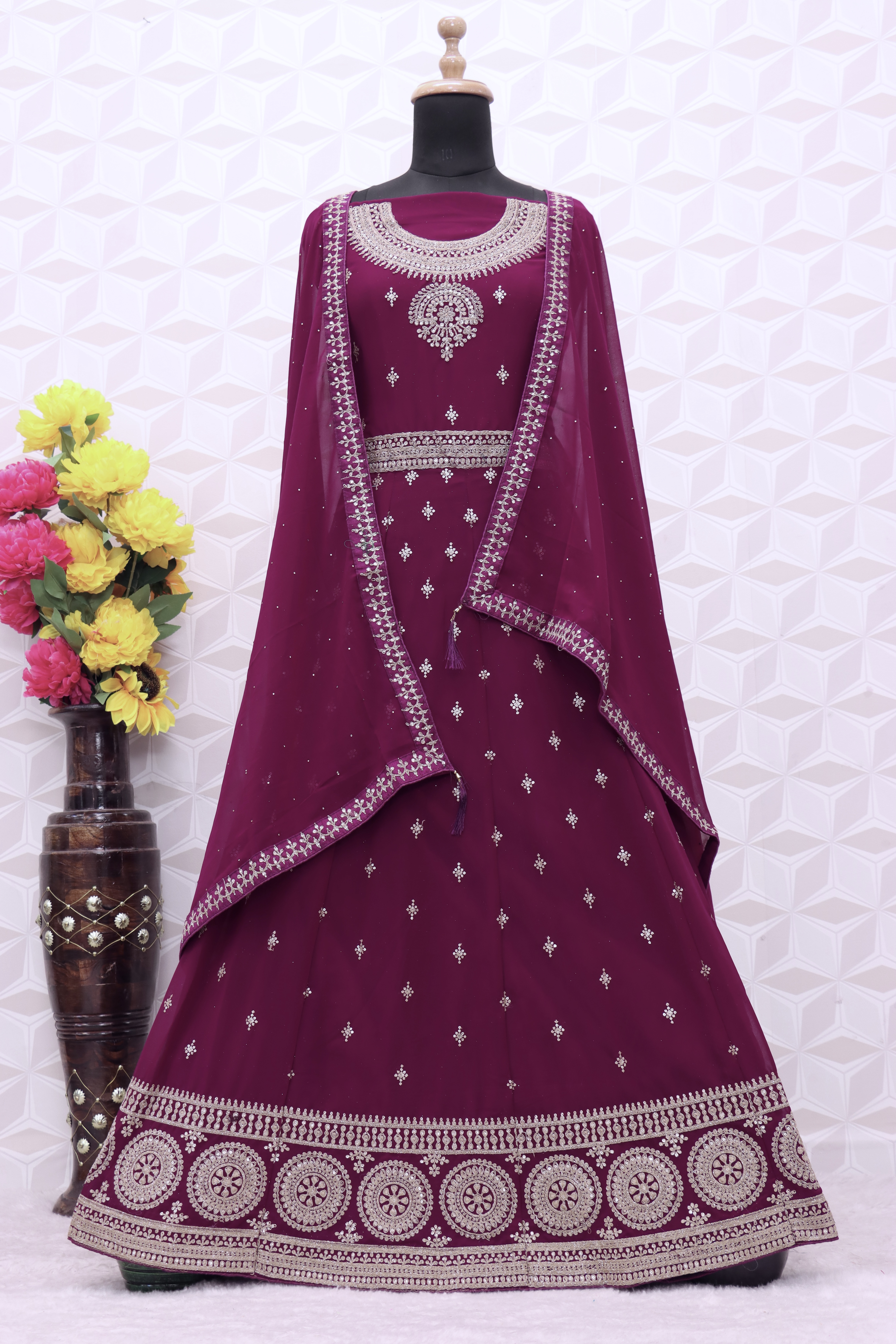 PURPLE EMBROIDERED FAUX GEORGETTE SALWAR SEMI STITCHED