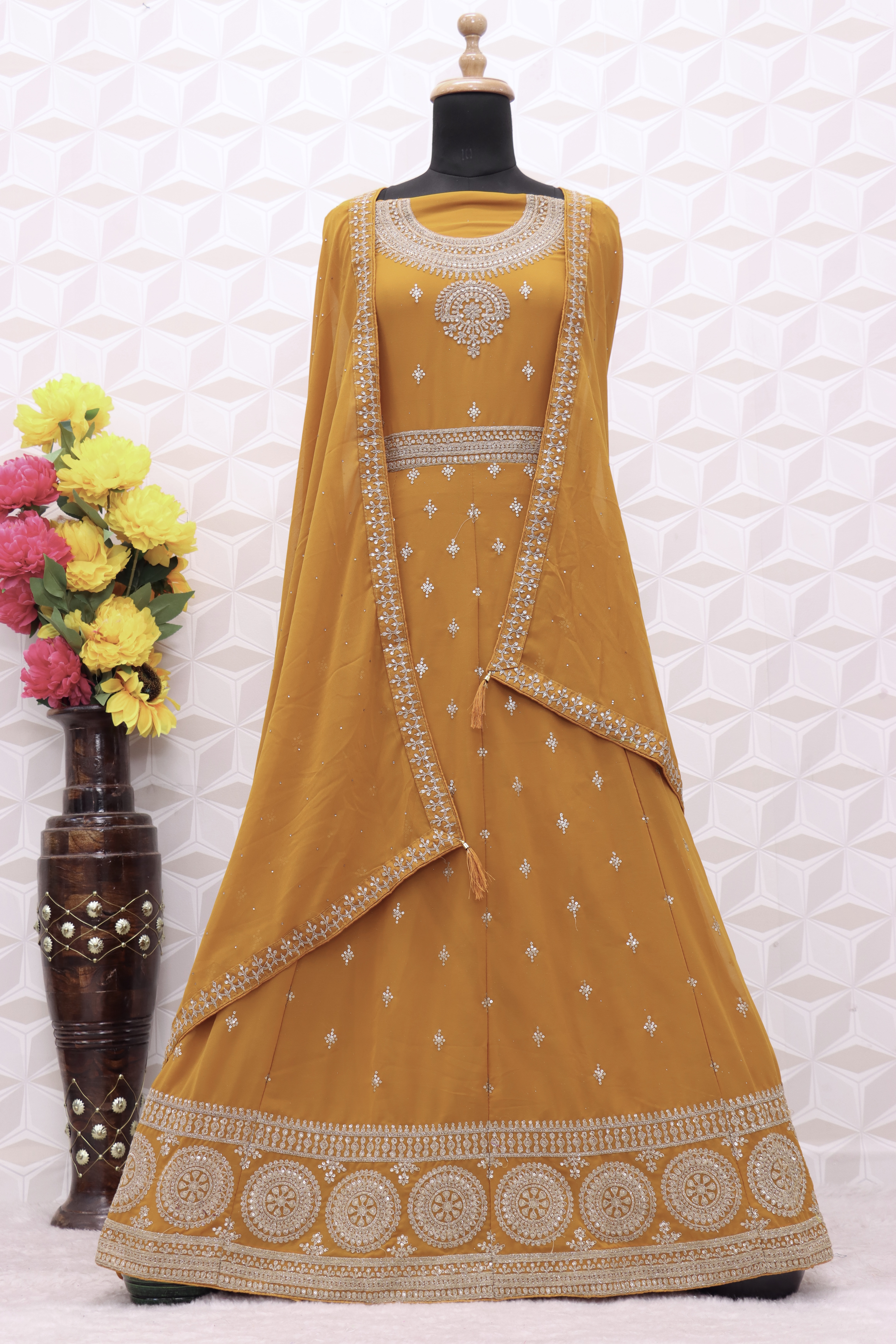 Yellow EMBROIDERED FAUX GEORGETTE SALWAR SEMI STITCHED