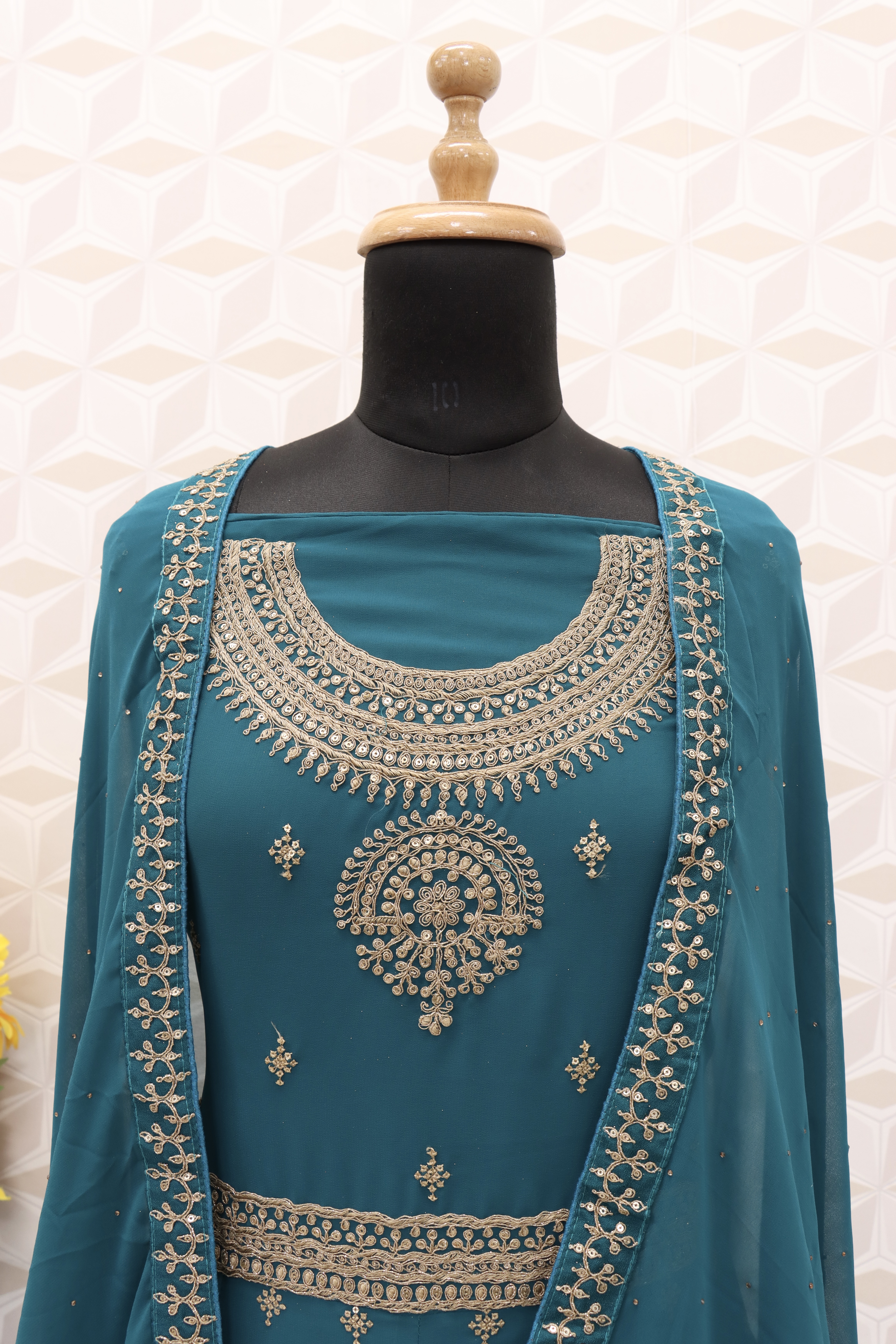 Turquoise EMBROIDERED FAUX GEORGETTE SALWAR SEMI STITCHED