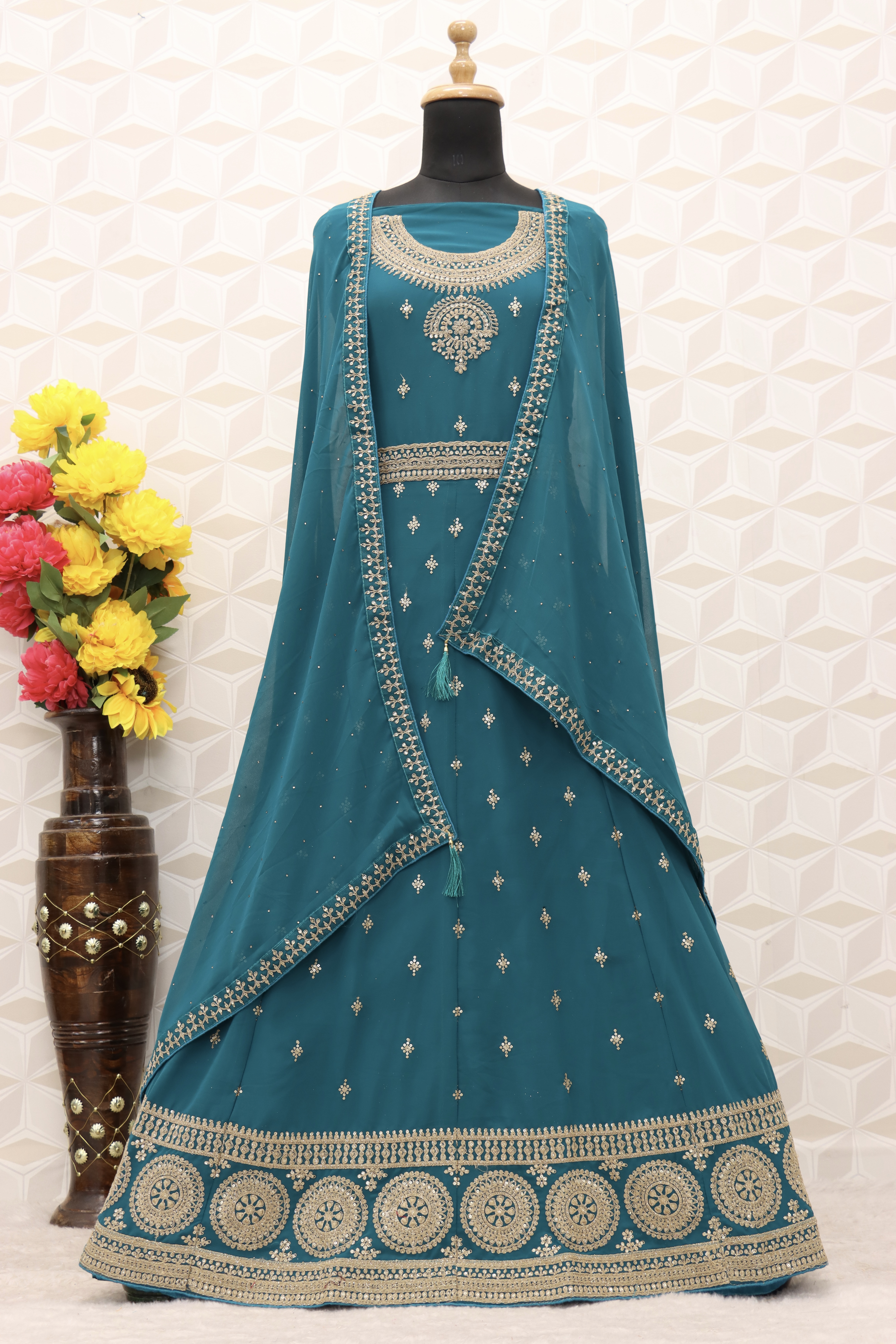 Turquoise EMBROIDERED FAUX GEORGETTE SALWAR SEMI STITCHED