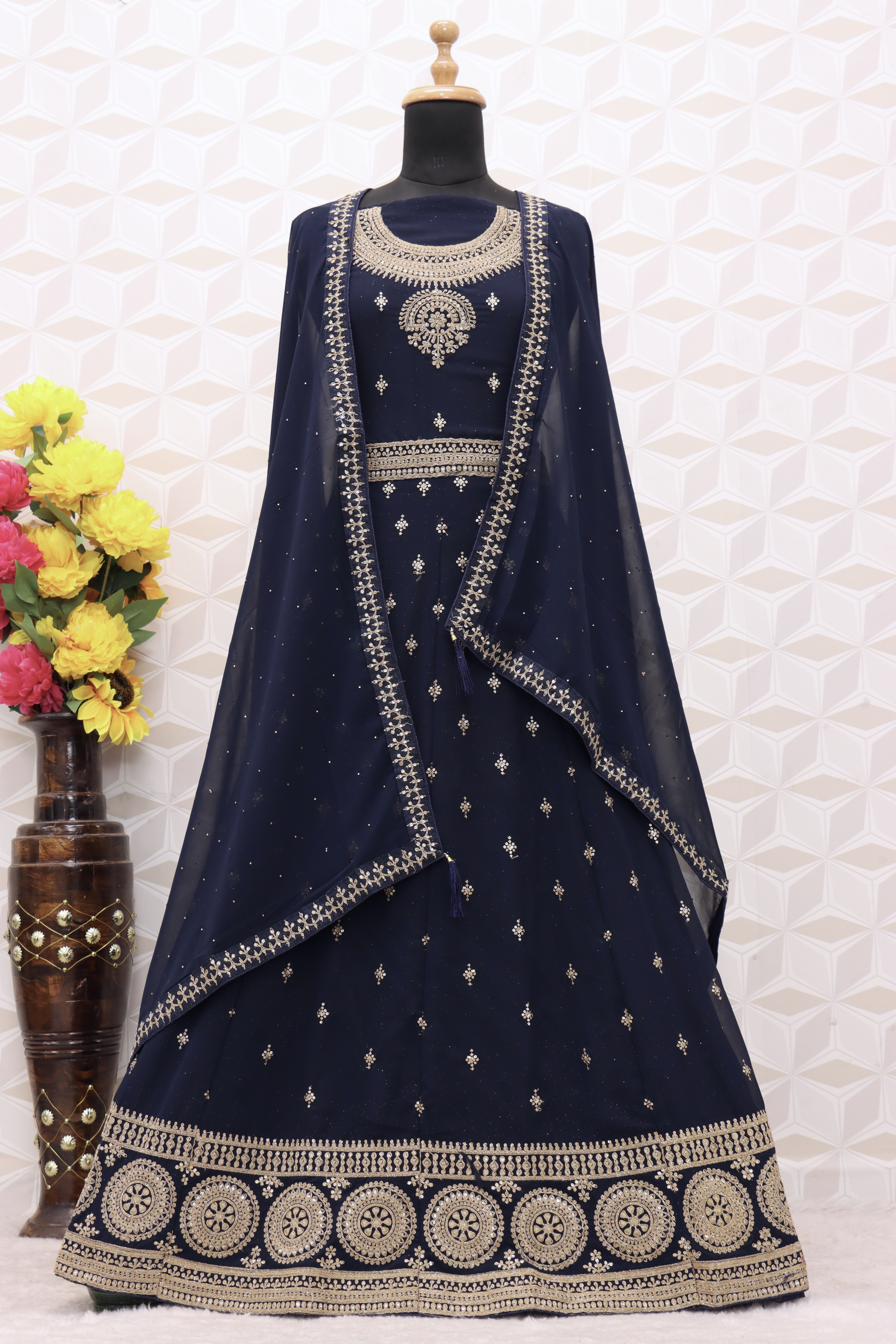 NAVY BLUE EMBROIDERED FAUX GEORGETTE SALWAR SEMI STITCHED