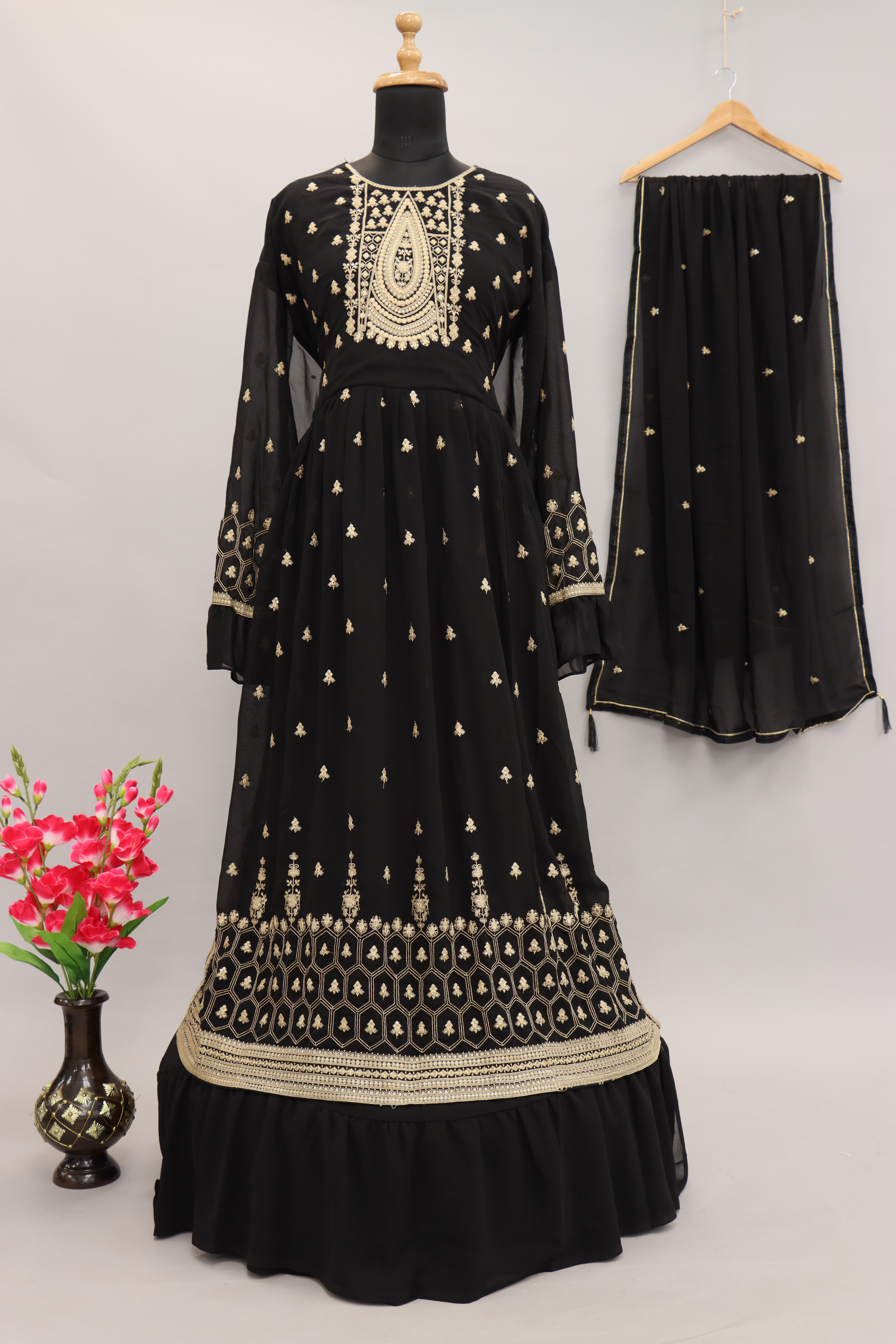 Georgette Fabric Luxurious Embroidered Palazzo Suit In Black Color