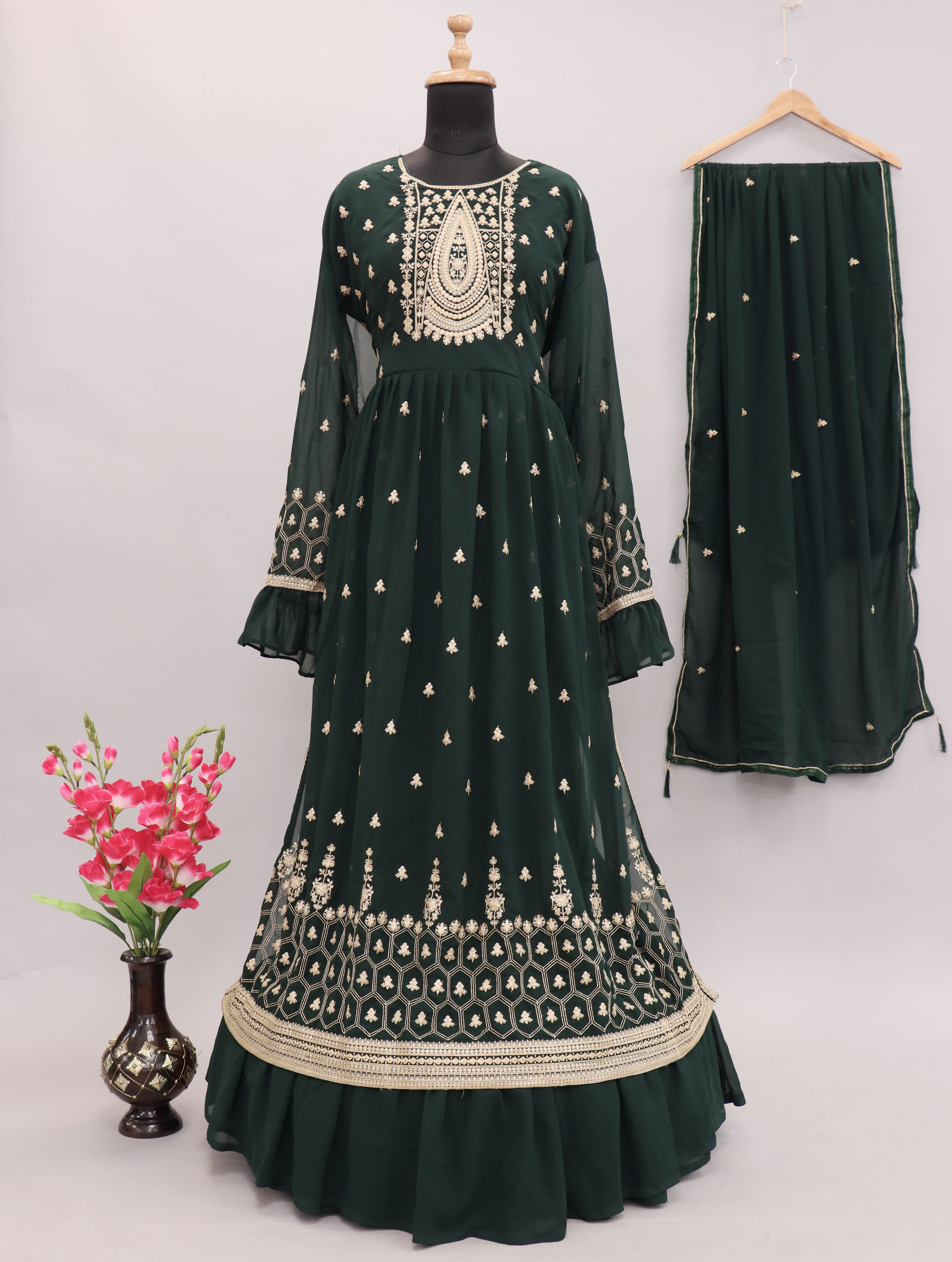 Georgette Fabric Luxurious Embroidered Palazzo Suit In green Color