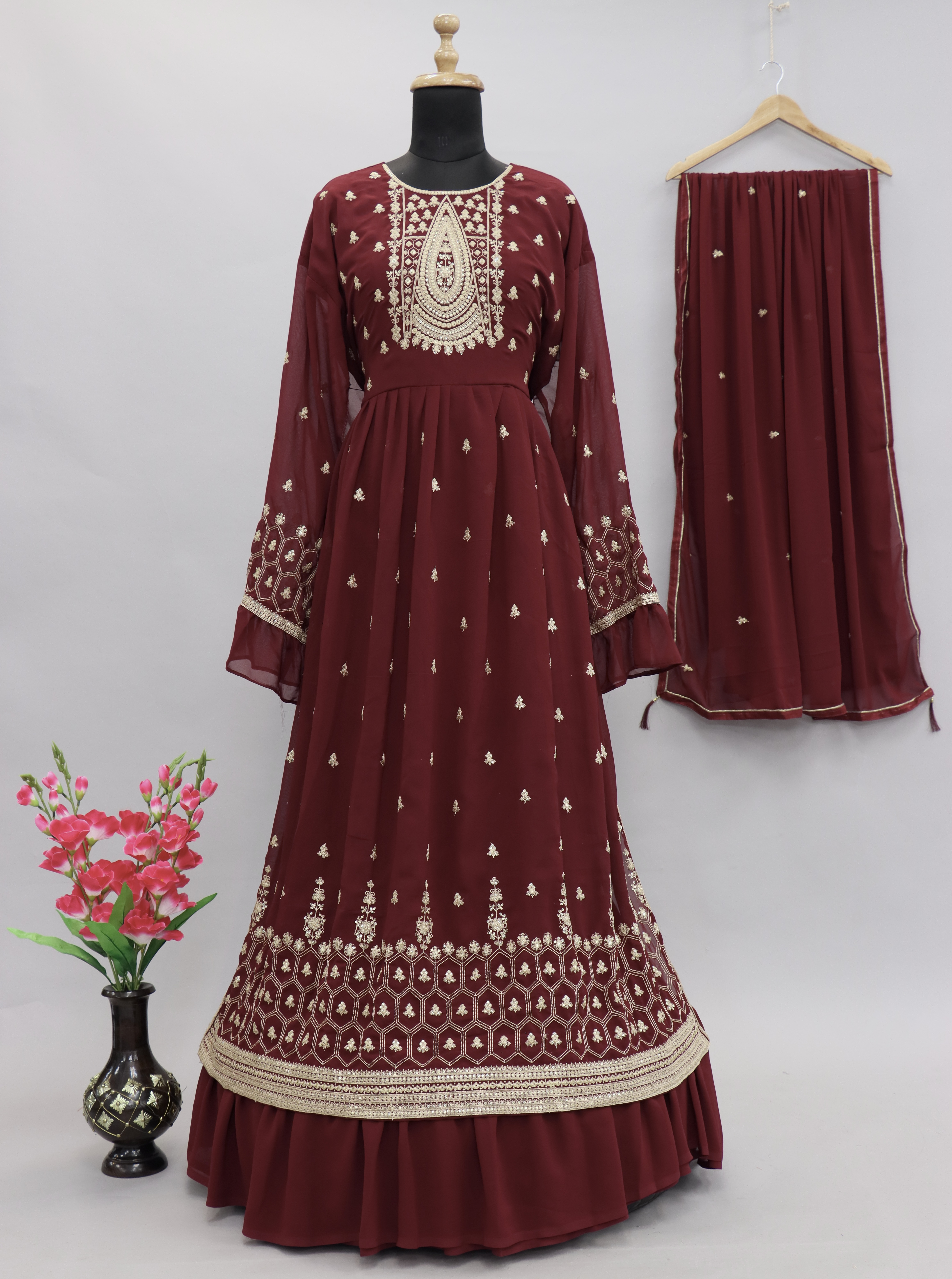 Georgette Fabric Luxurious Embroidered Palazzo Suit In maroon Color