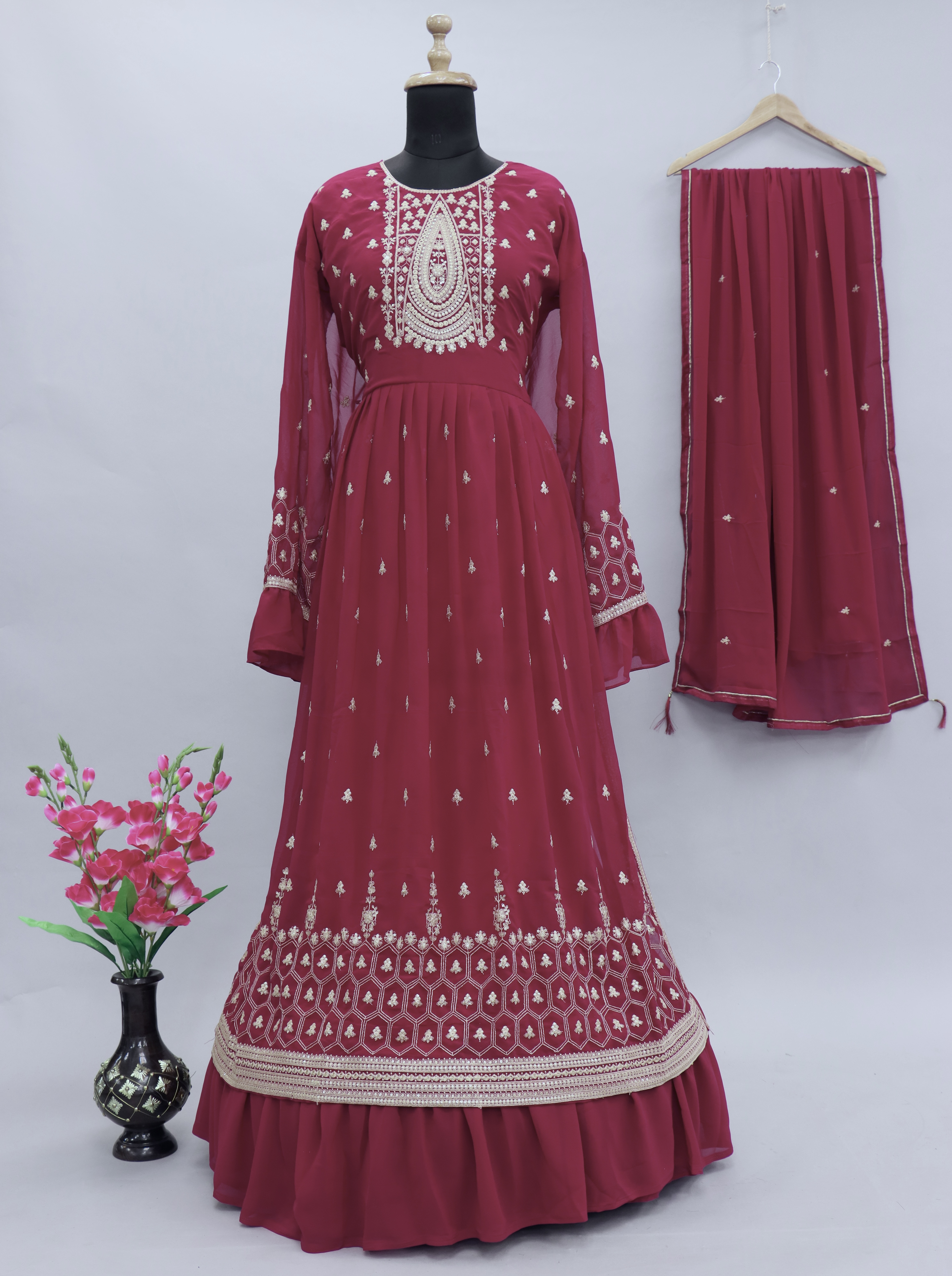 Georgette Fabric Luxurious Embroidered Palazzo Suit In pink Color