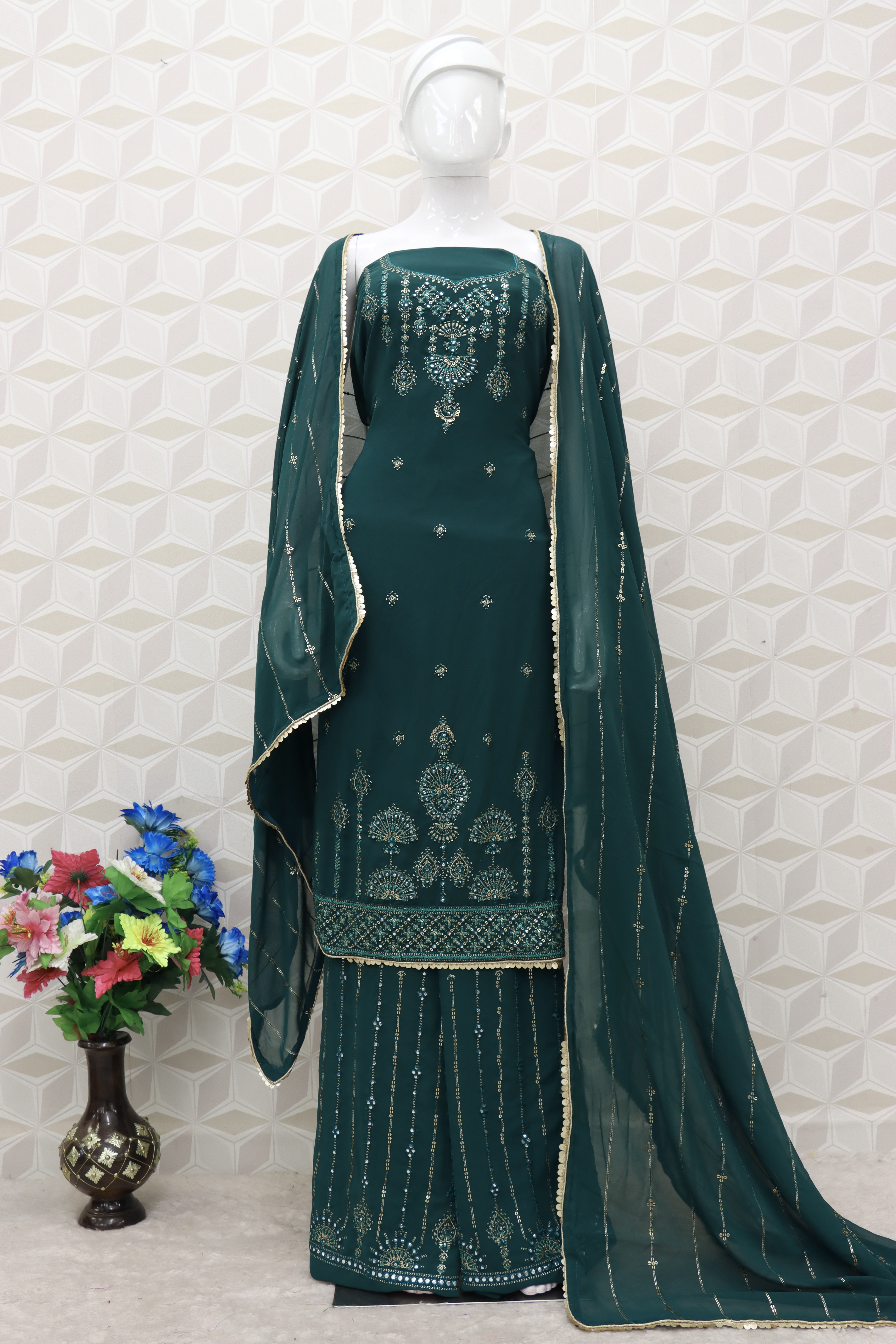 Embroidered Chiffon Pakistani Suit in Dark Teal Green