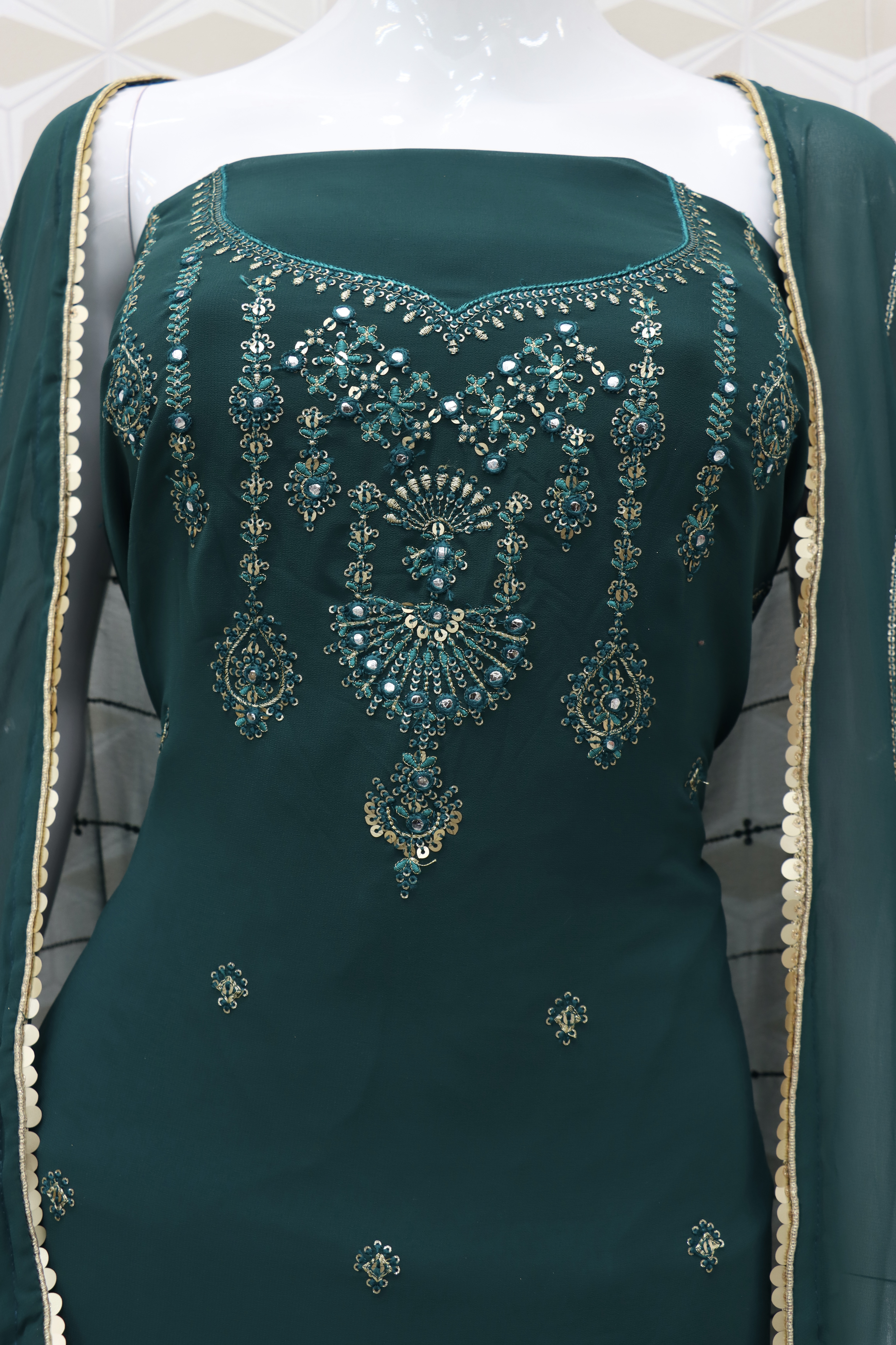 Embroidered Chiffon Pakistani Suit in Dark Teal Green