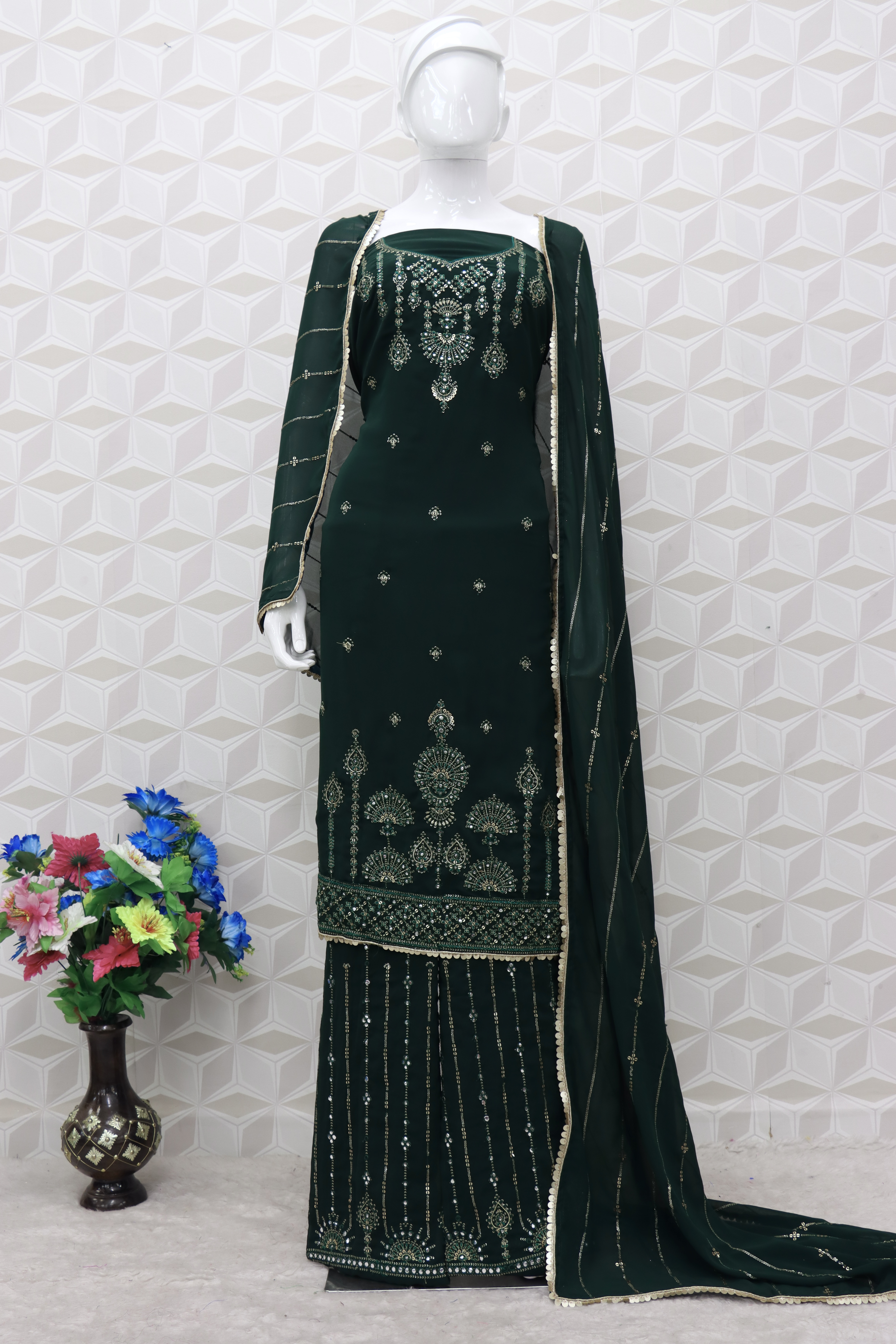 Embroidered Chiffon Pakistani Suit in Dark  Green