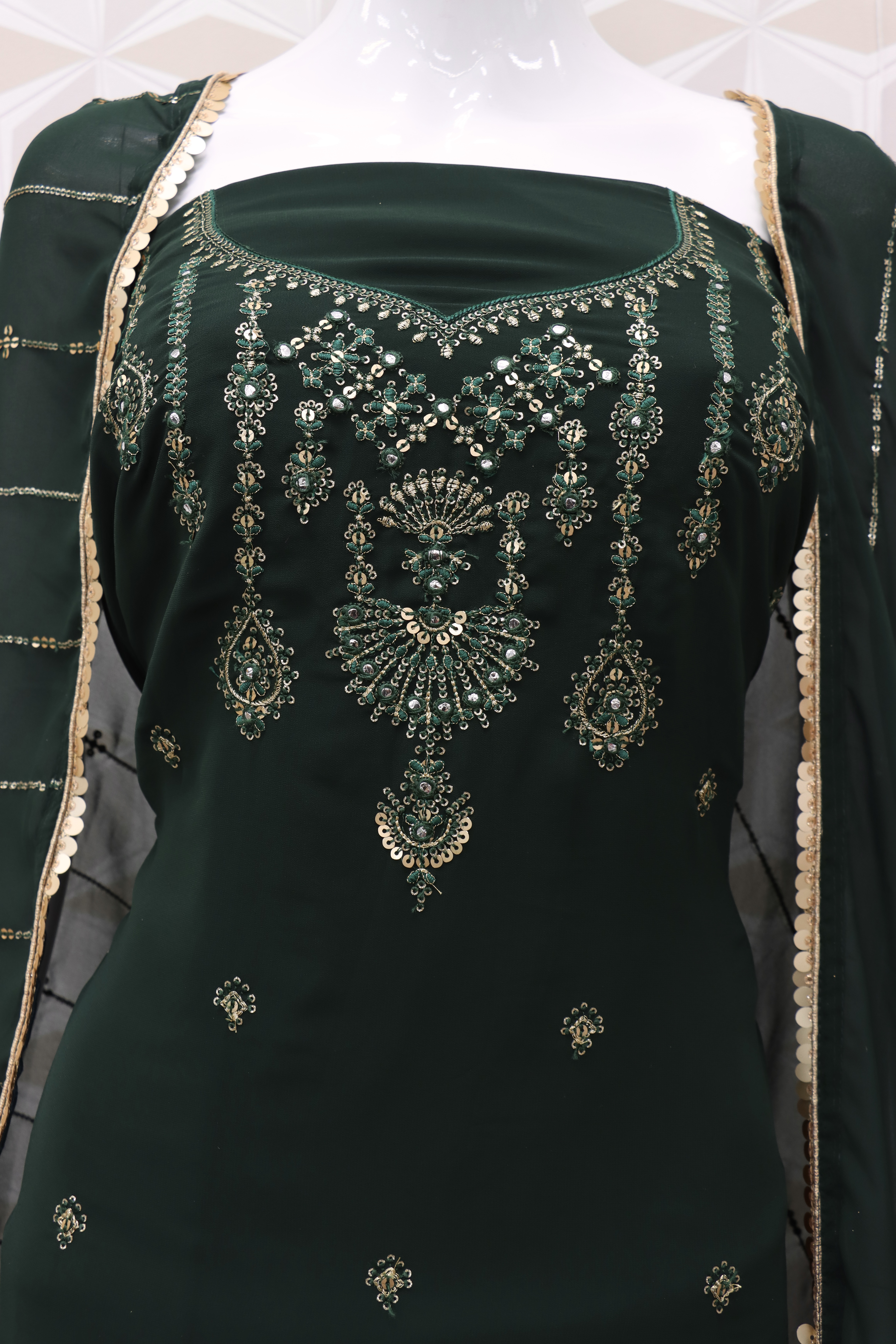 Embroidered Chiffon Pakistani Suit in Dark  Green