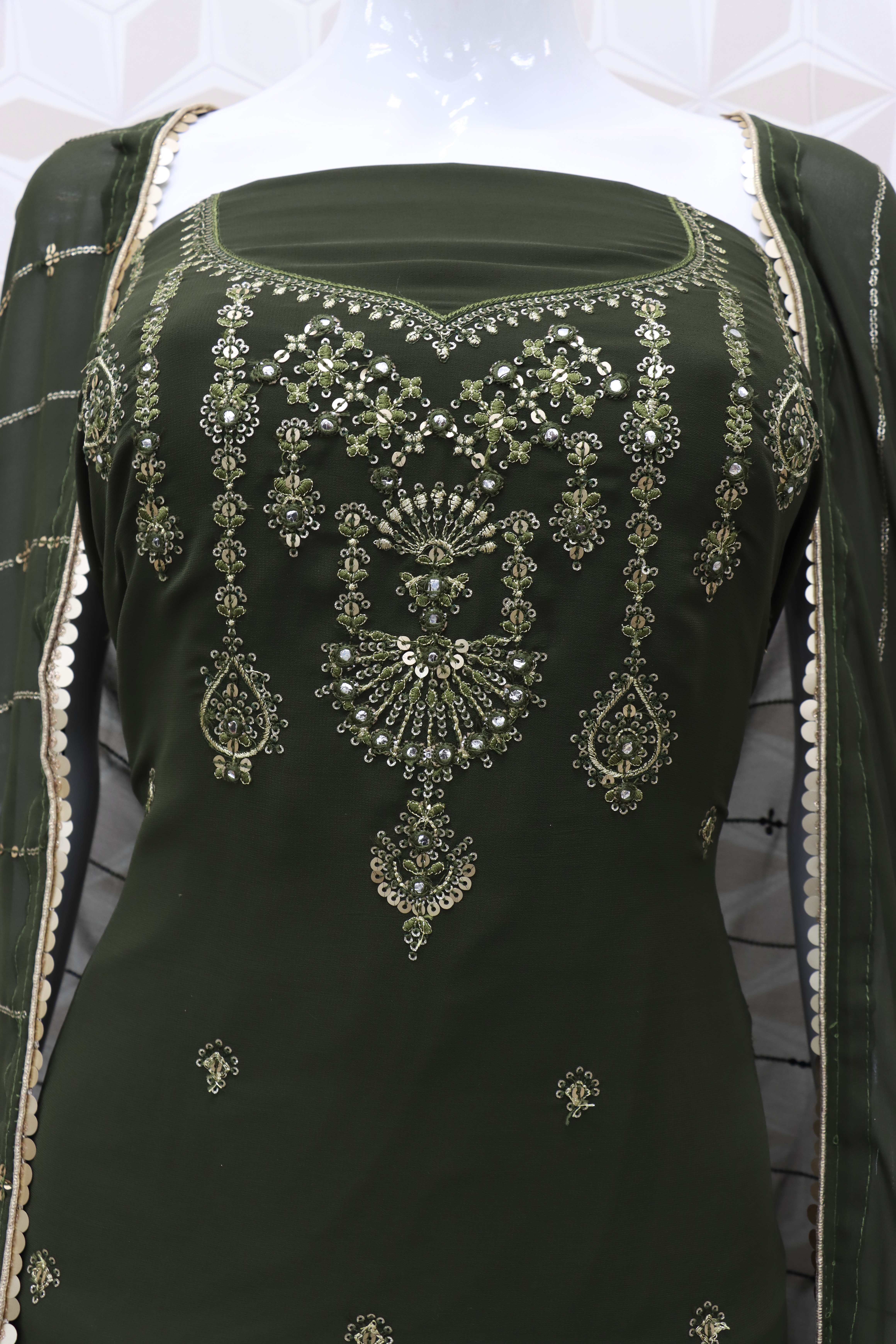 Embroidered Chiffon Pakistani Suit in Dark olive Green