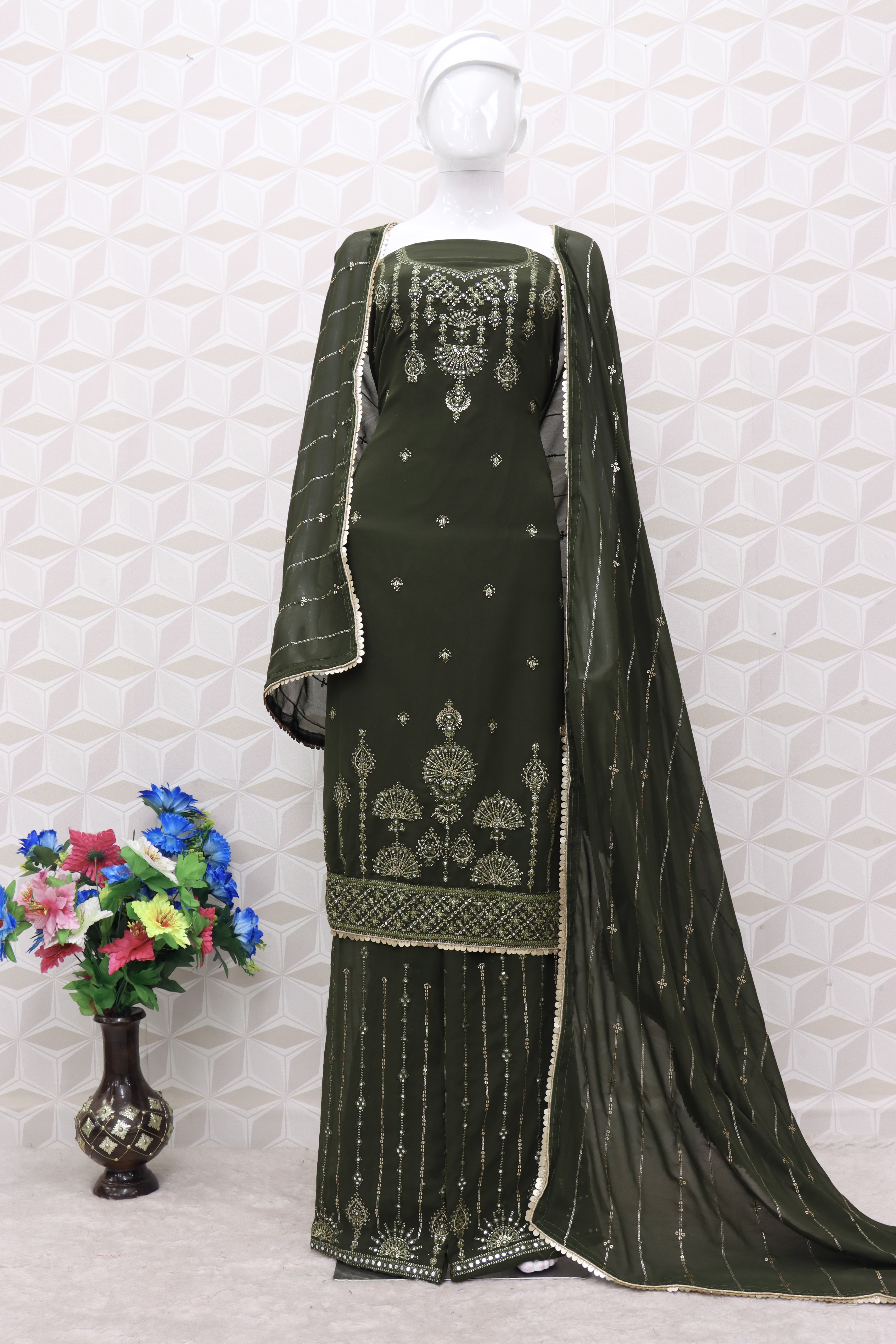 Embroidered Chiffon Pakistani Suit in Dark olive Green