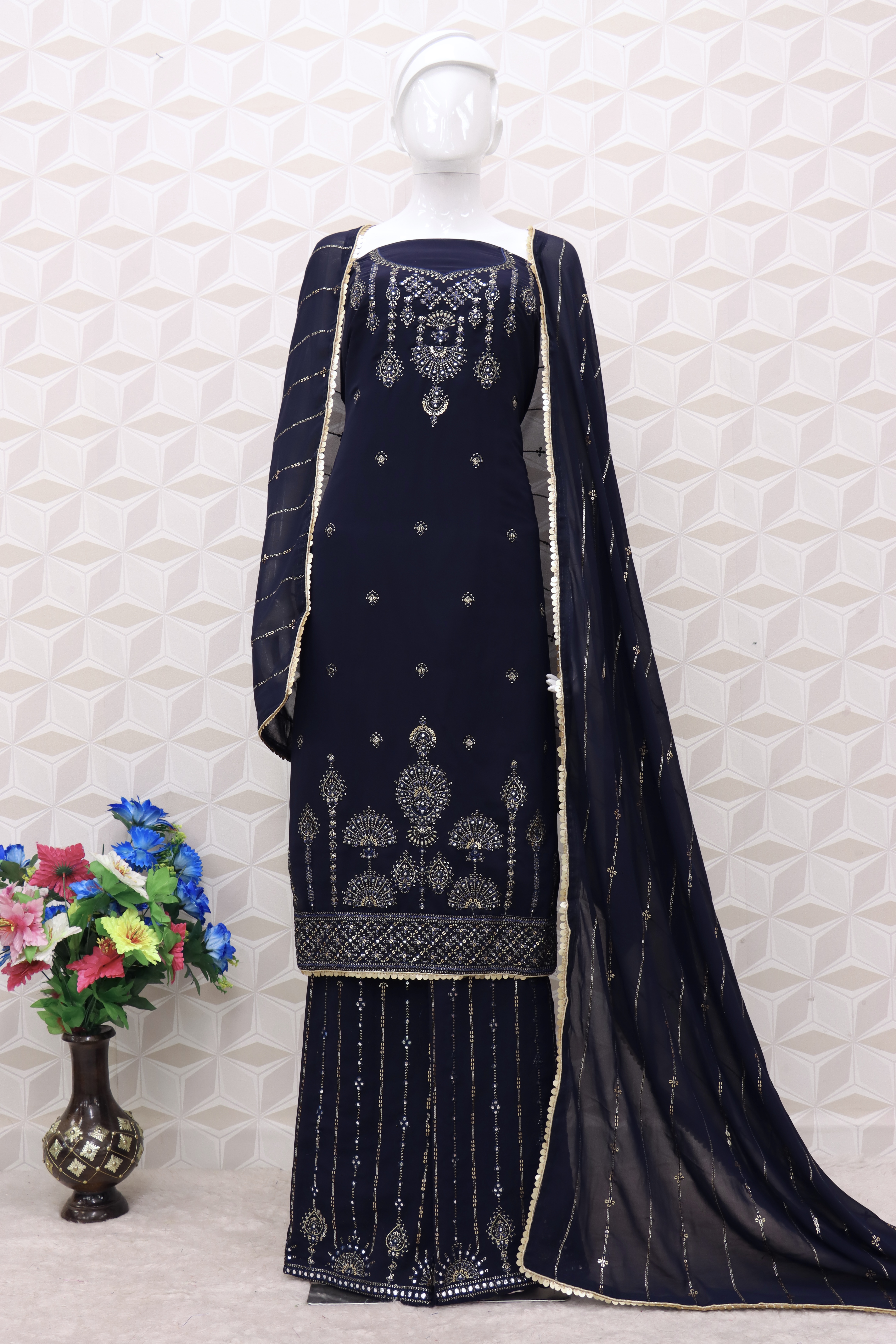 Embroidered Chiffon Pakistani Suit in navy blue