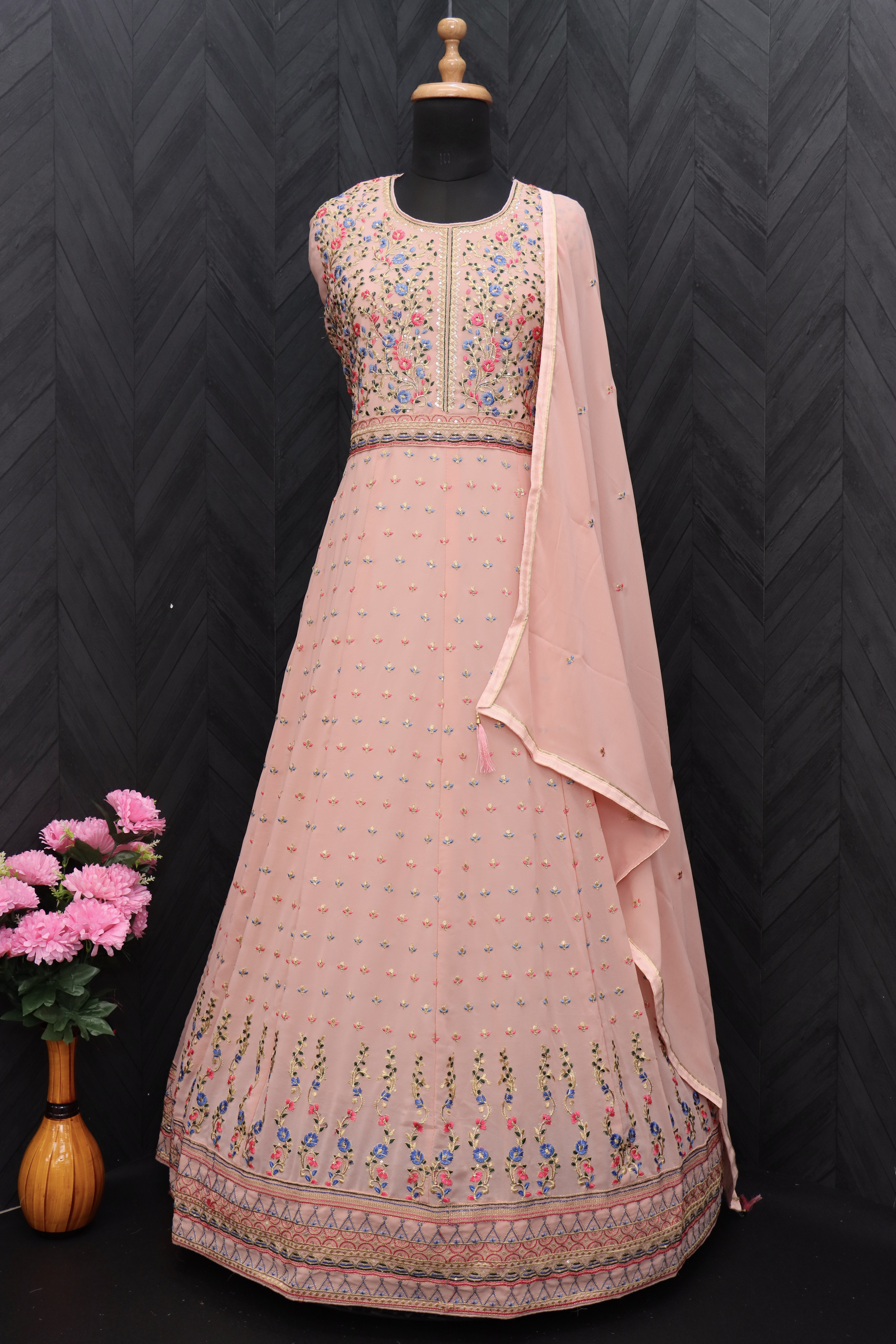 Embroidered Georgette Abaya Style Suit in Peach