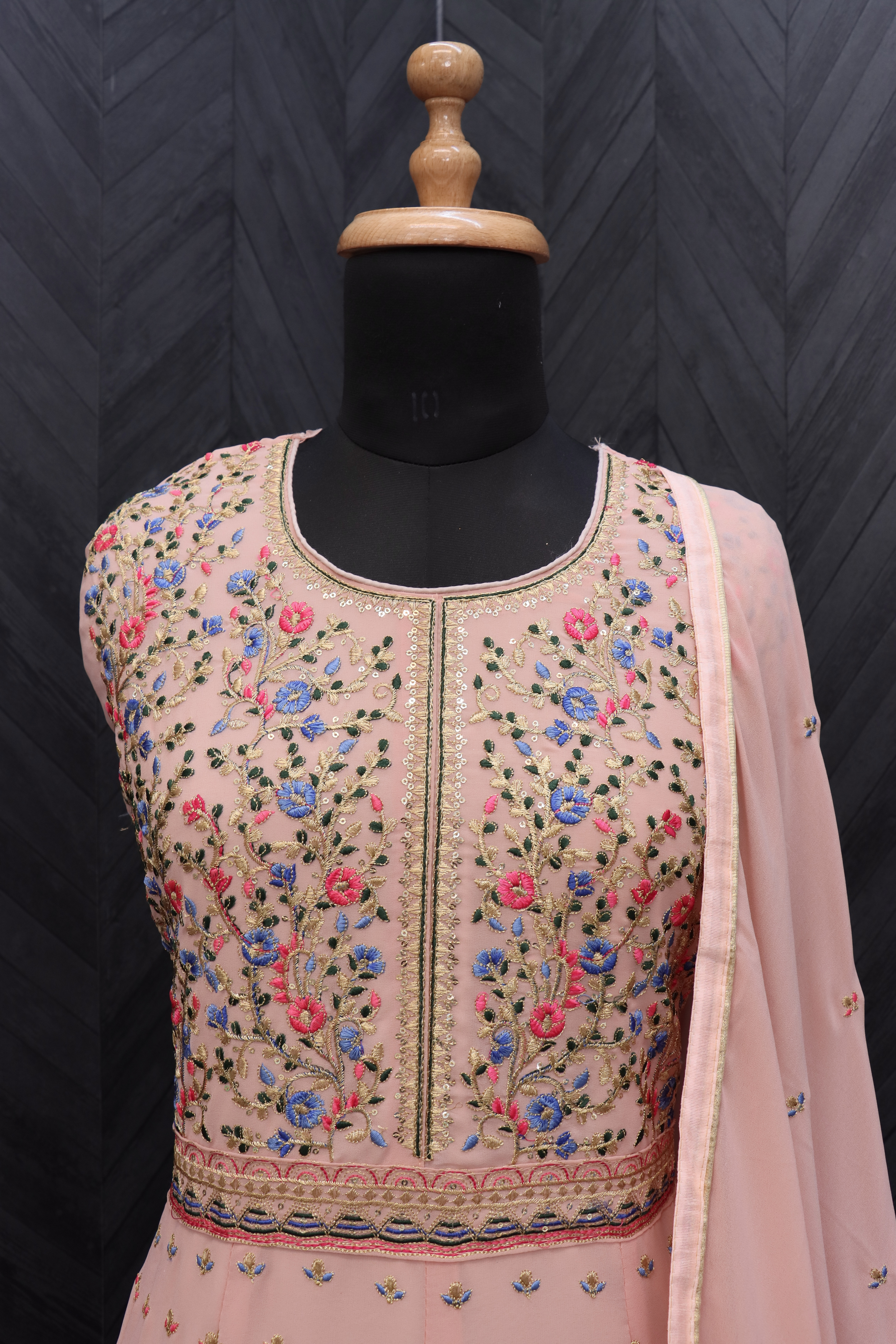 Embroidered Georgette Abaya Style Suit in Peach