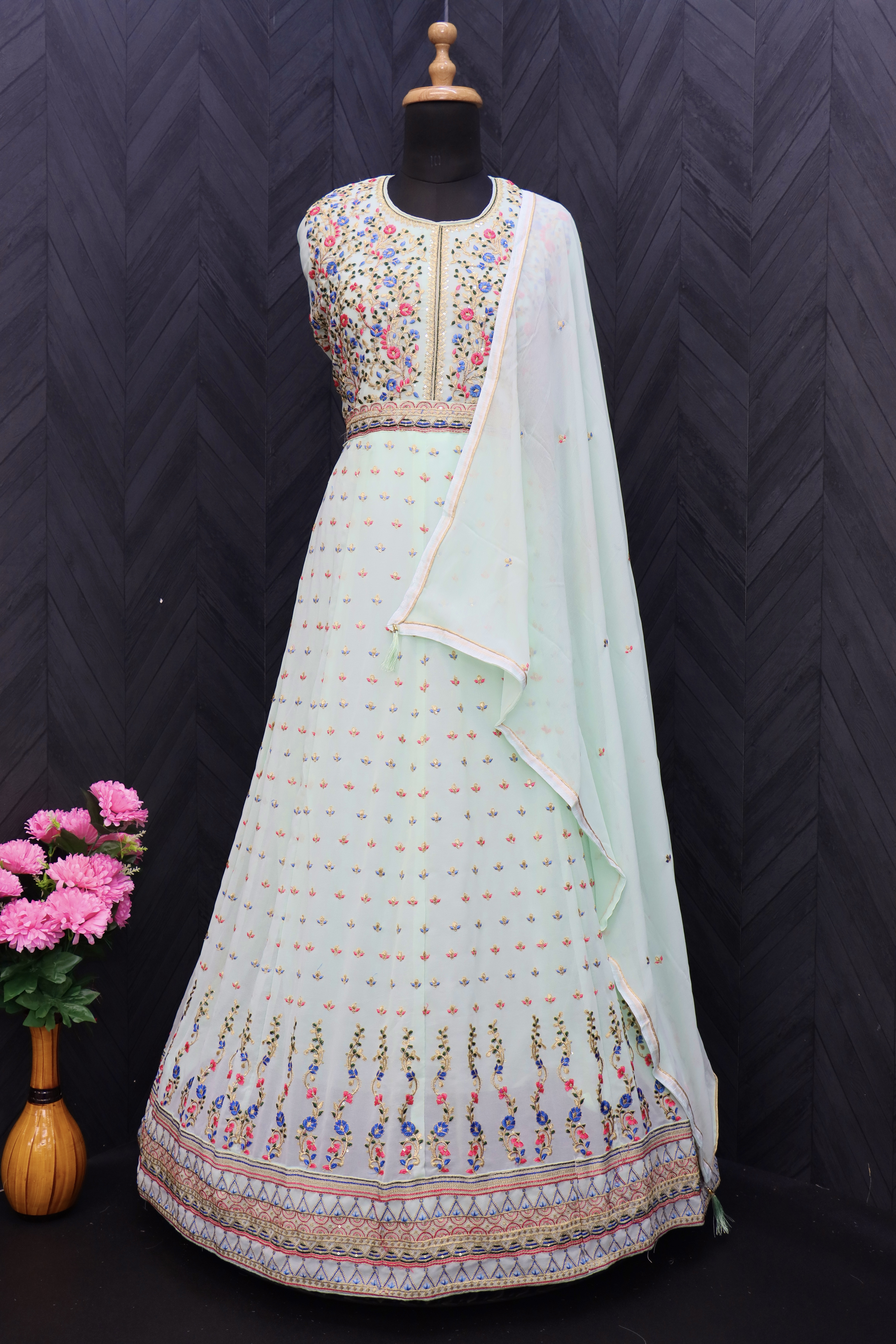 Embroidered Georgette Abaya Style Suit in off white