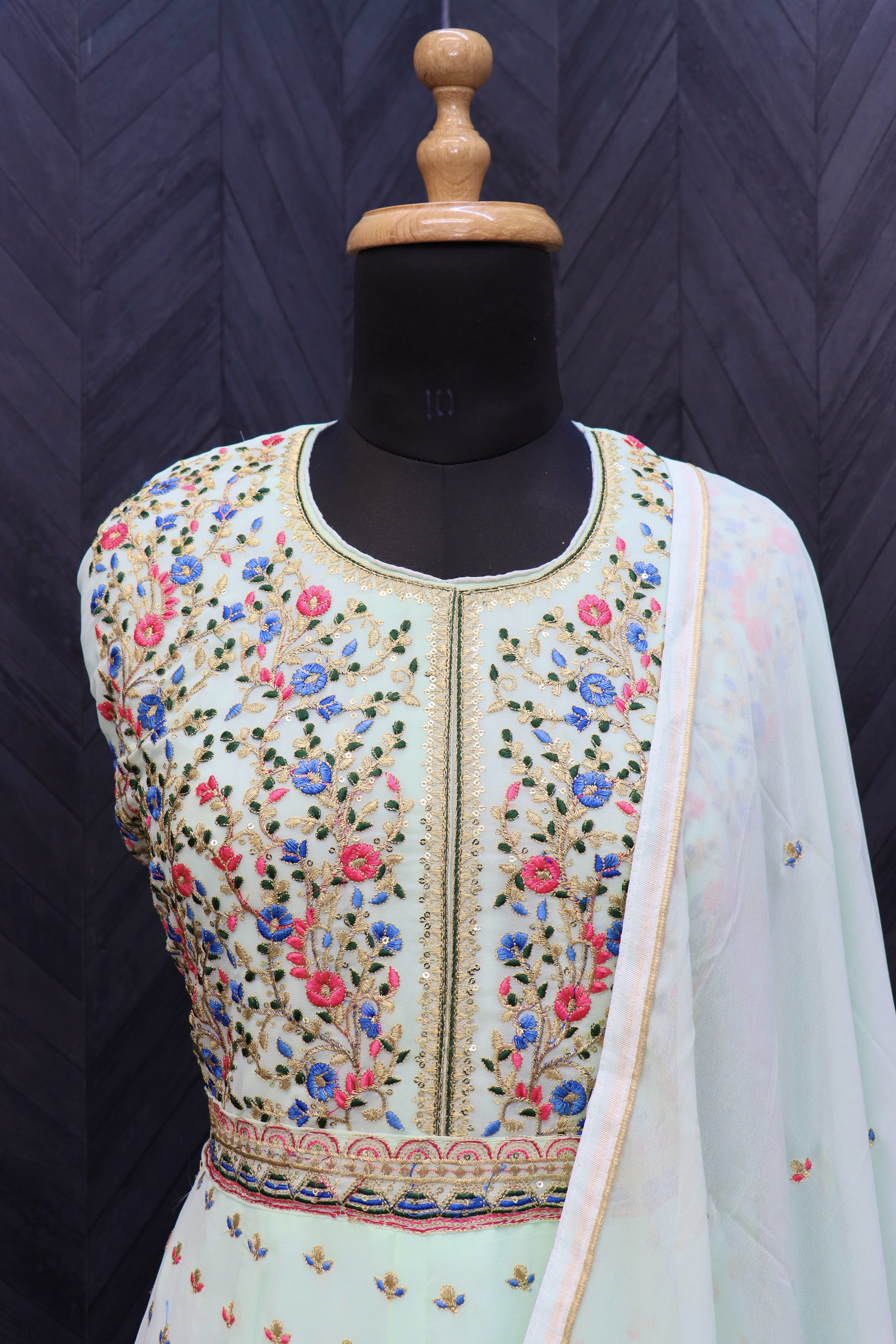 Embroidered Georgette Abaya Style Suit in off white