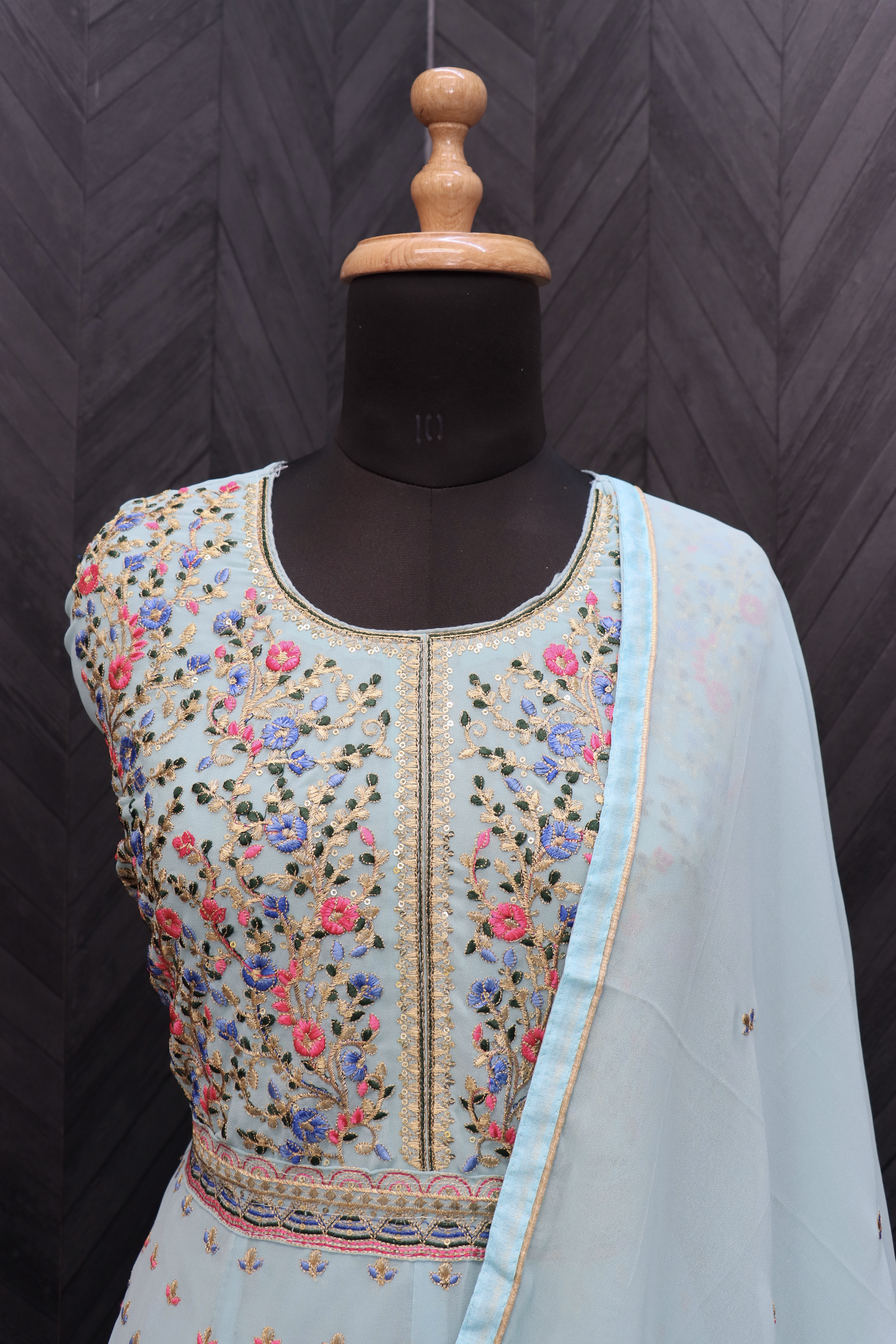 Embroidered Georgette Abaya Style Suit in sky blue