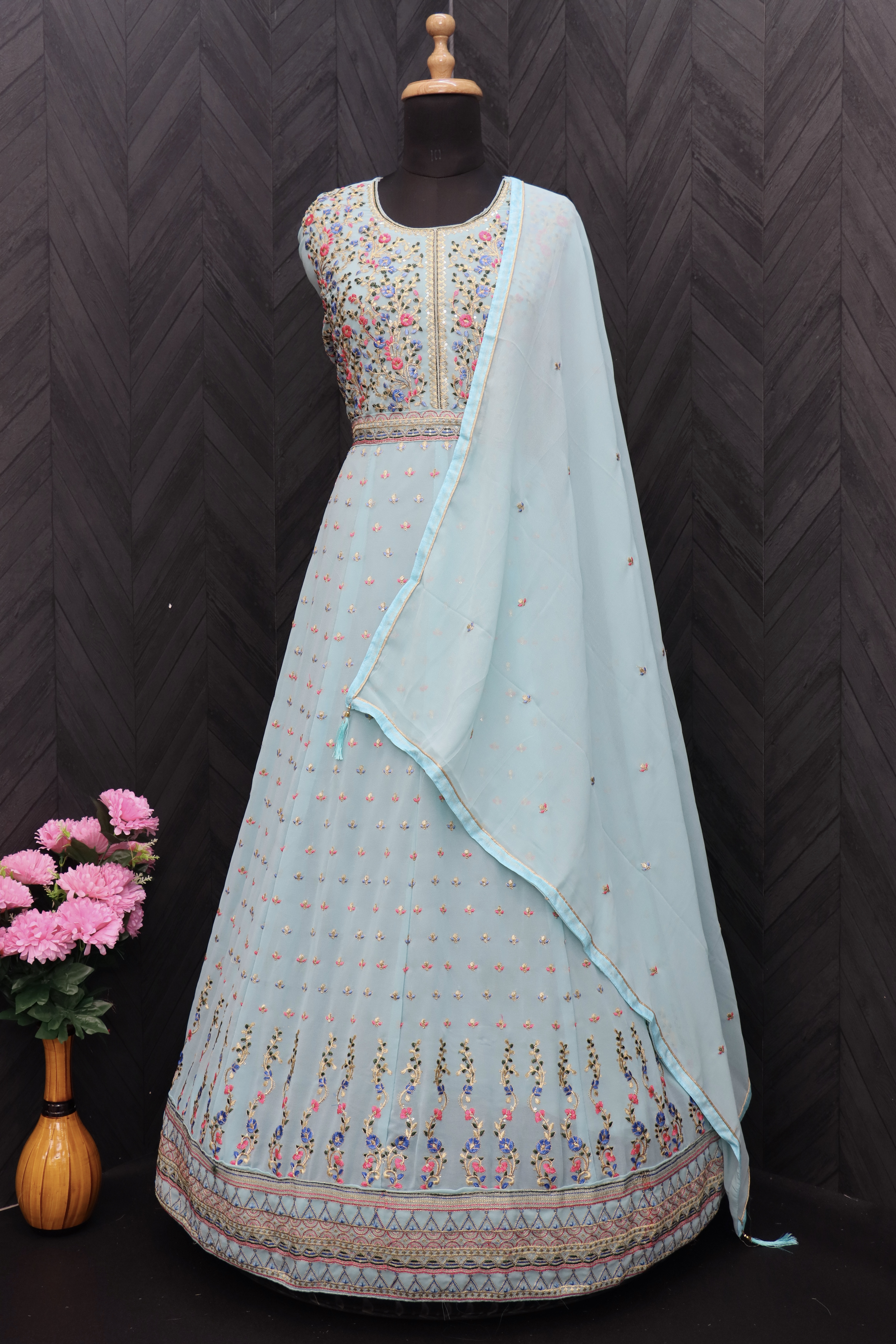 Embroidered Georgette Abaya Style Suit in sky blue